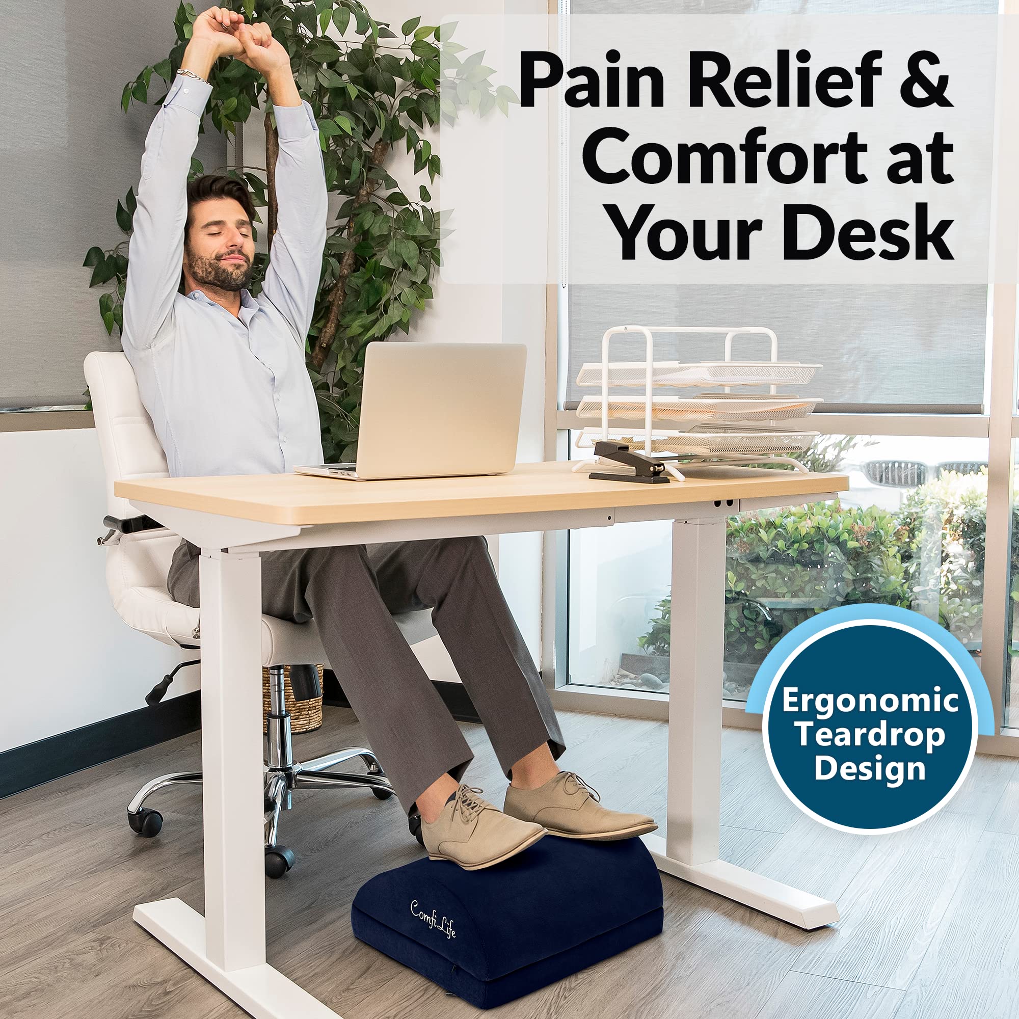 ComfiLife Adjustable Memory Foam Foot Rest for Under Desk - Ergonomic Teardrop Design Office Footrest for Back, Hip & Leg Pain Relief - Perfect for Work, Gaming & Home Office (Navy Blue)