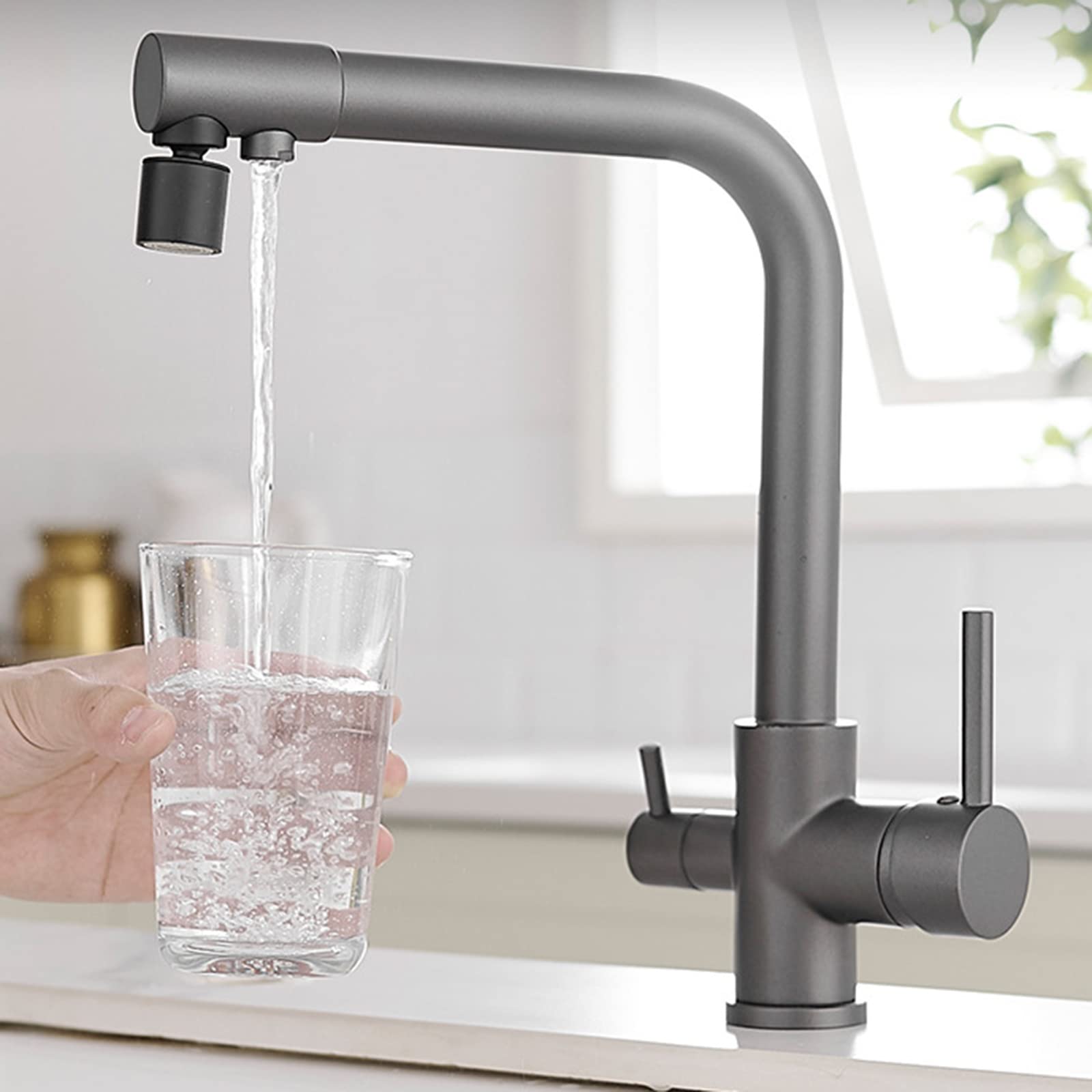 3-Way Kitchen Faucet with Pull-Down Sprayer - Grey Brushed Nickel Sink Faucet with Hot/Cold Water & Filtered Water - Perfect for Modern Kitchens, Bar Sinks & RV Use