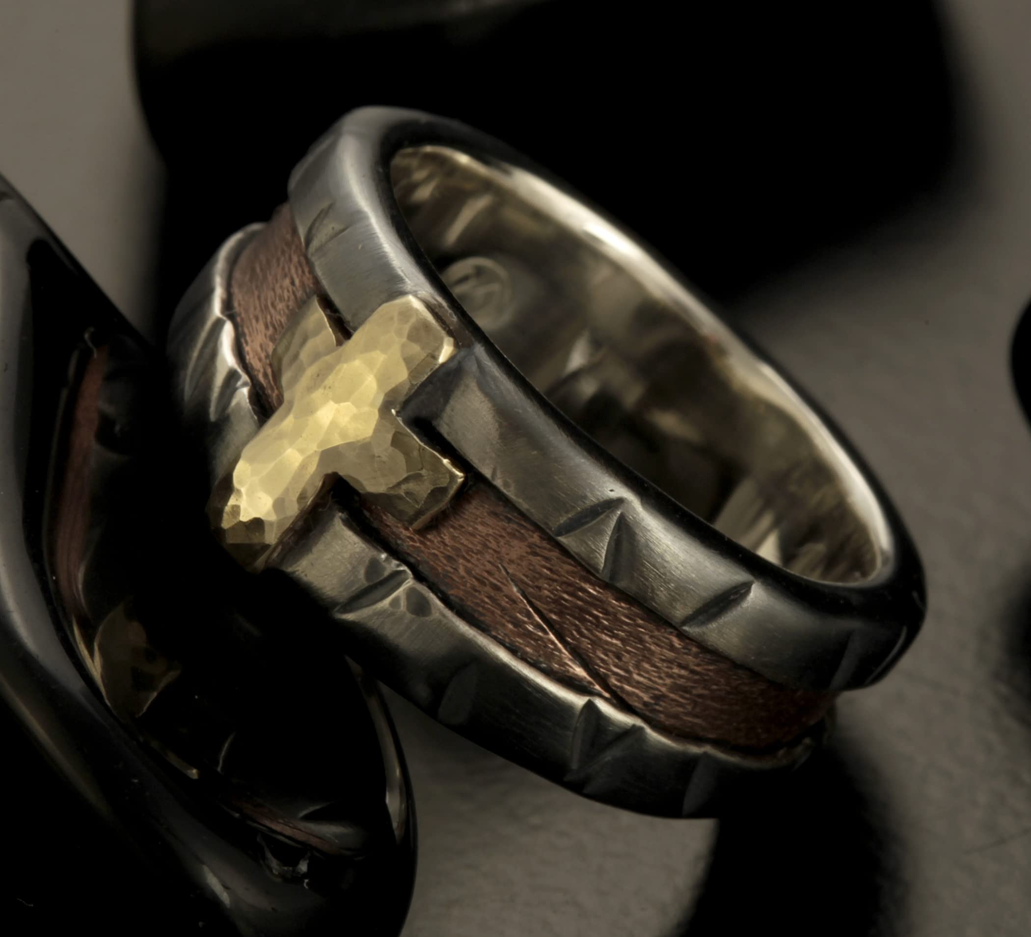 14K Gold Silver & Copper Cross Men's Ring - Unique Wedding Band for Men (RS-1402) | Perfect for Grooms, Anniversaries & Everyday Wear