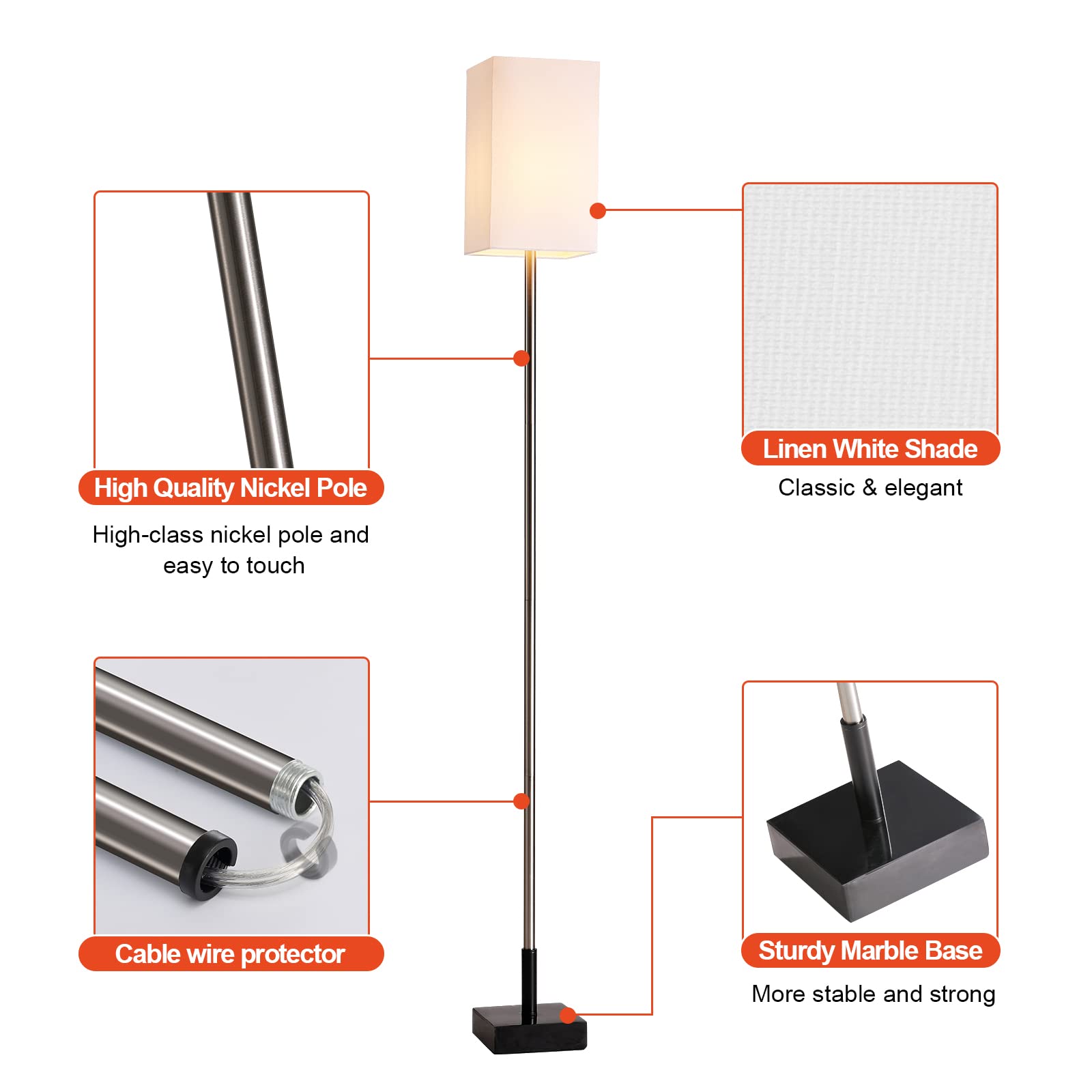 3-Way Touch Control Dimmable Floor Lamp with Sturdy Marble Base & Brushed Nickel Finish - Adjustable Standing Lamp with Square Linen Shade for Living Room, Bedroom, Office - Includes LED Bulb for Home Decor & Ambient Lighting