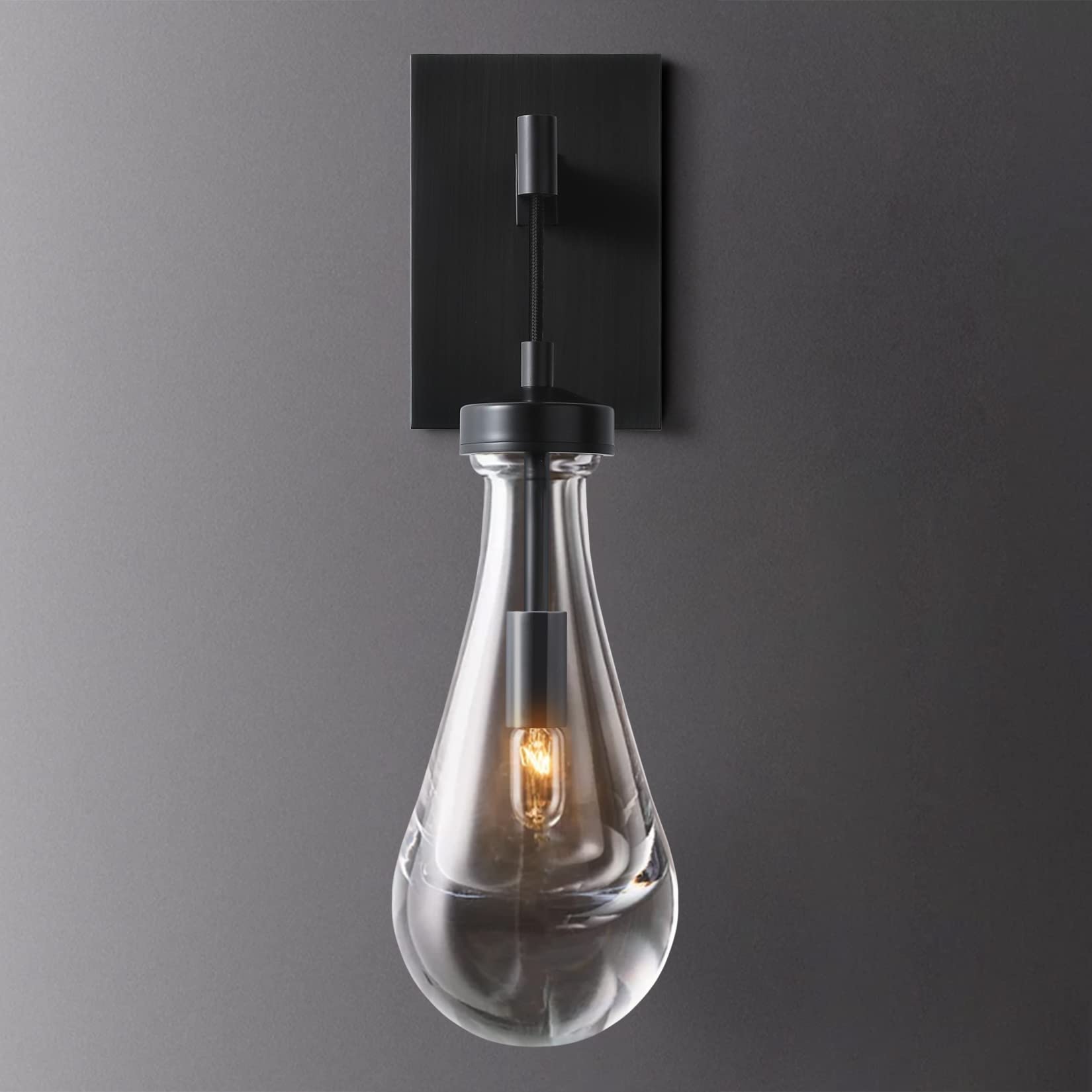 YUEXPAND Modern Wall Sconces Lighting - Matte Black Bathroom Vanity Lights with Clear Solid Glass Raindrop Design for Bedroom, Living Room & Hallway | Dimmable Indoor Wall Lamps for Home Decor & Ambient Lighting