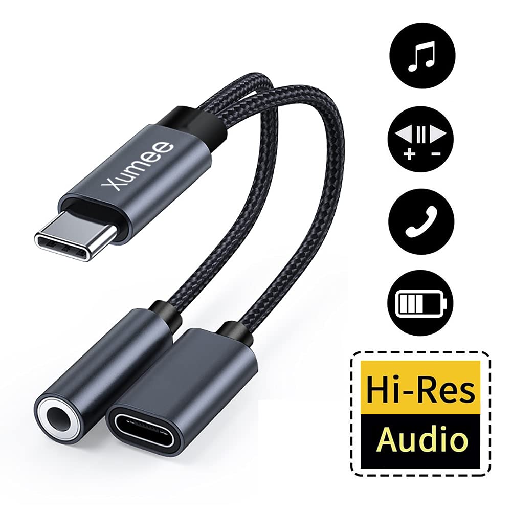 Xumee USB C to 3.5mm Headphone Jack & Fast Charger Adapter - 2-in-1 Hi-Res DAC Audio & Charging Dongle for iPhone 16/15 Pro Max, Galaxy S25/S24 Ultra - Perfect for Travel, Gaming & Music (Grey)