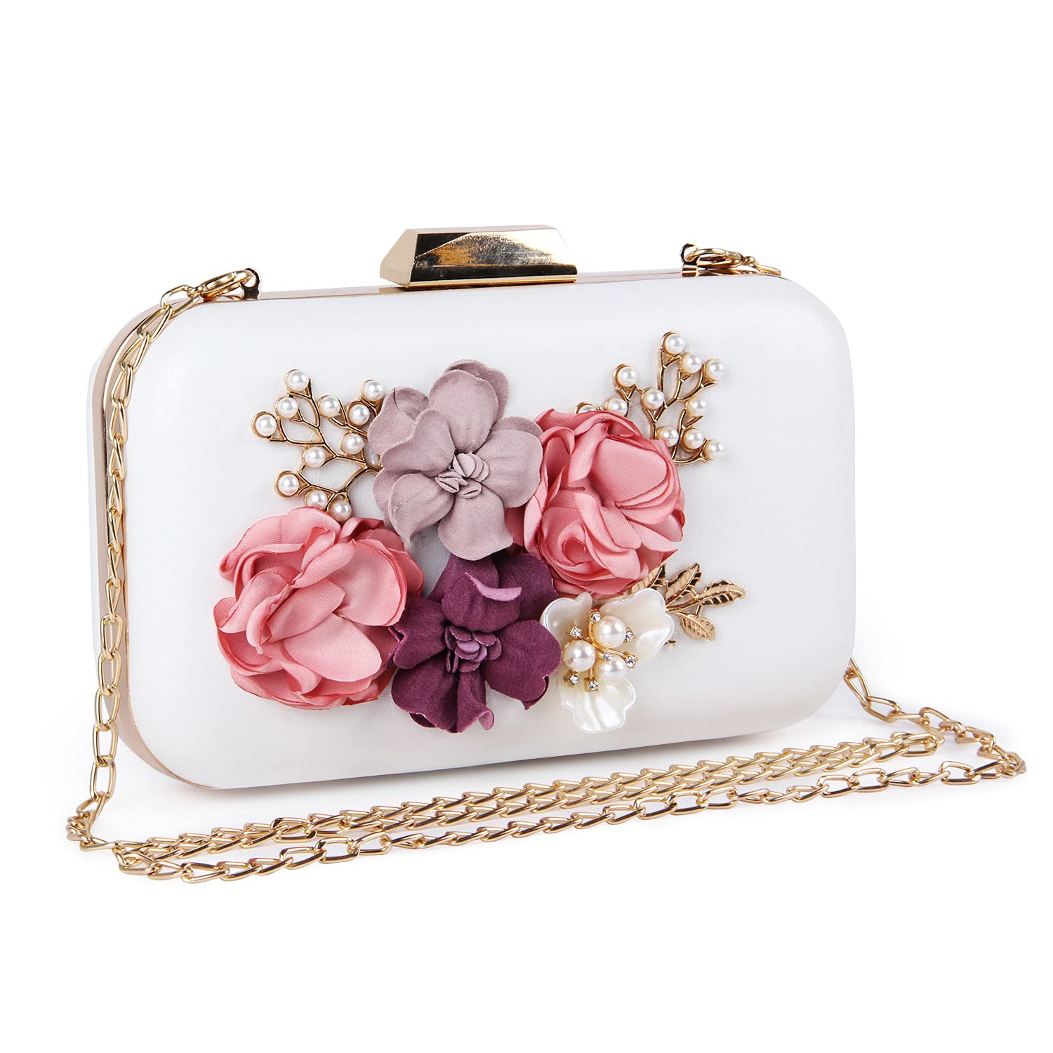 Stylish Women's Floral Clutch Bag - Elegant Evening Handbag with Wallet Compartment, White - Perfect for Parties, Weddings & Formal Events