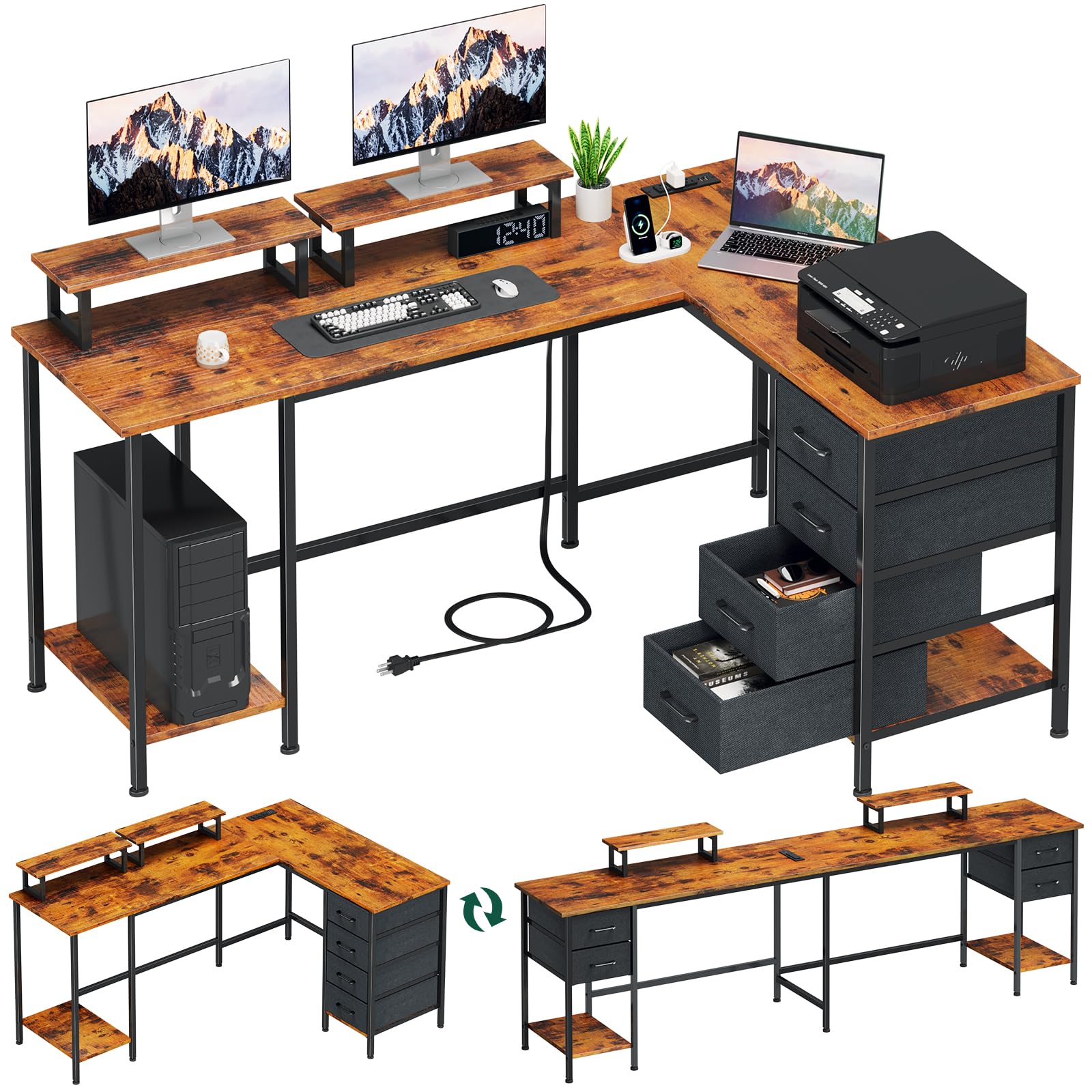 59 Inch L-Shaped Computer Desk with Power Outlets - Home Office Desk with 4 Adjustable Drawers & Dual Monitor Stands, Two-Person Gaming Desk for Bedroom, Rustic Brown - Perfect for Small Spaces & Multi-Monitor Setups