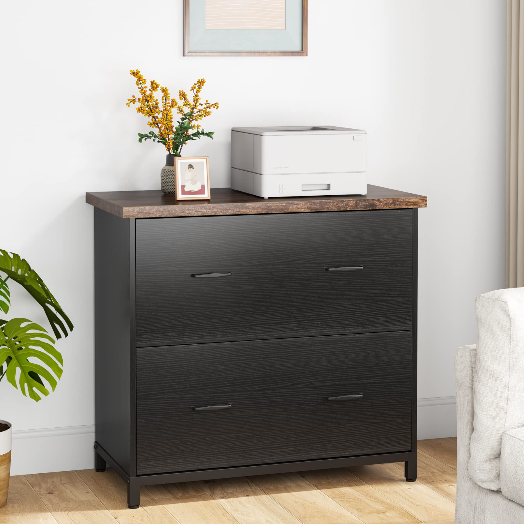 Tribesigns 2-Drawer Wood Lateral File Cabinet - Letter Size Office Storage Cabinet with Printer Stand, Black & Brown - Perfect for Home Office Organization and Document Filing