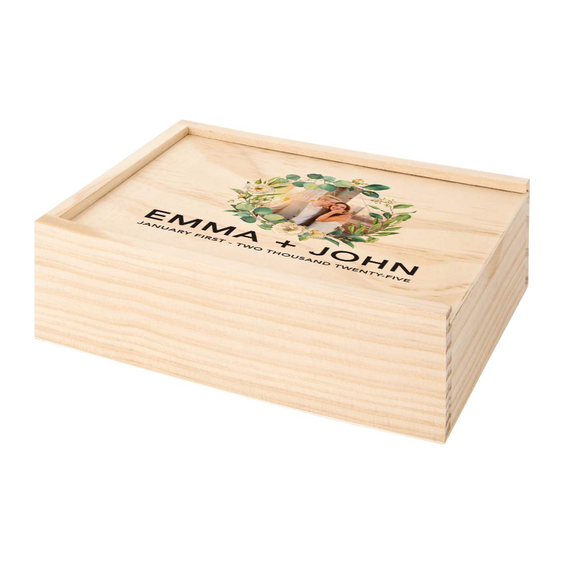Custom Floral Greenery Wreath Wedding Keepsake Box - 4x6 Inch Natural Wood Memory Box with Lid - Photo Album Gift for Couples, Bridal Shower, Anniversary & Home Decor