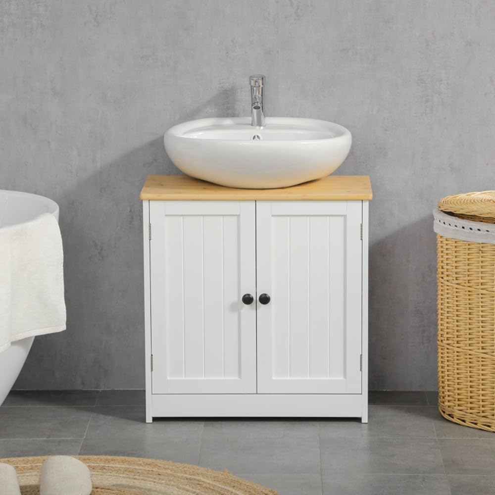 White & Dark Walnut Double Door Pedestal Sink Storage Cabinet - Bathroom Vanity Organizer with Shelves for Towels & Toiletries - Perfect for Small Bathrooms & Powder Rooms