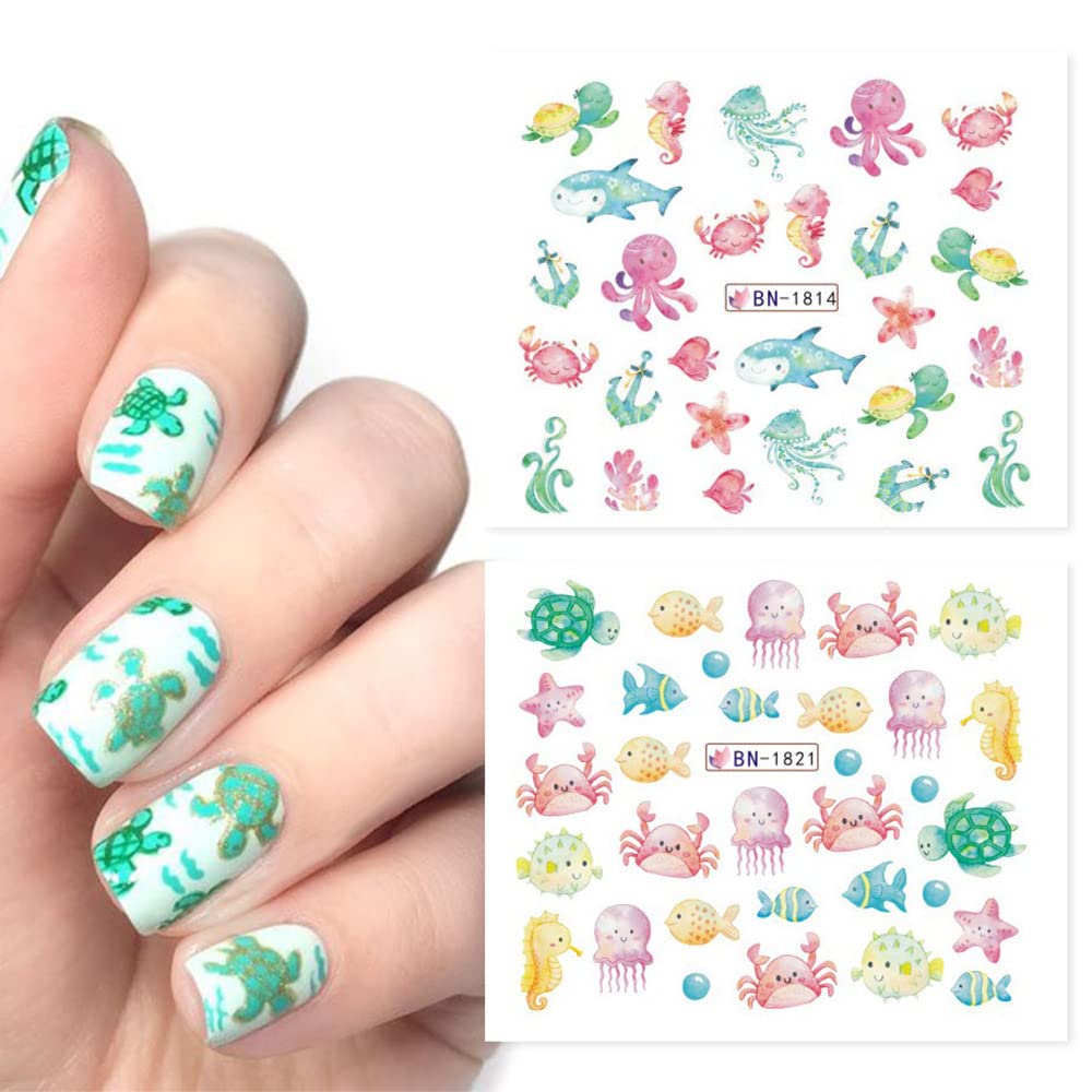 Ocean Nail Stickers - 12 Sheets Water Transfer Decals for Summer Nails | Starfish, Shark & Jellyfish Designs for DIY Manicures & Acrylic Nail Art