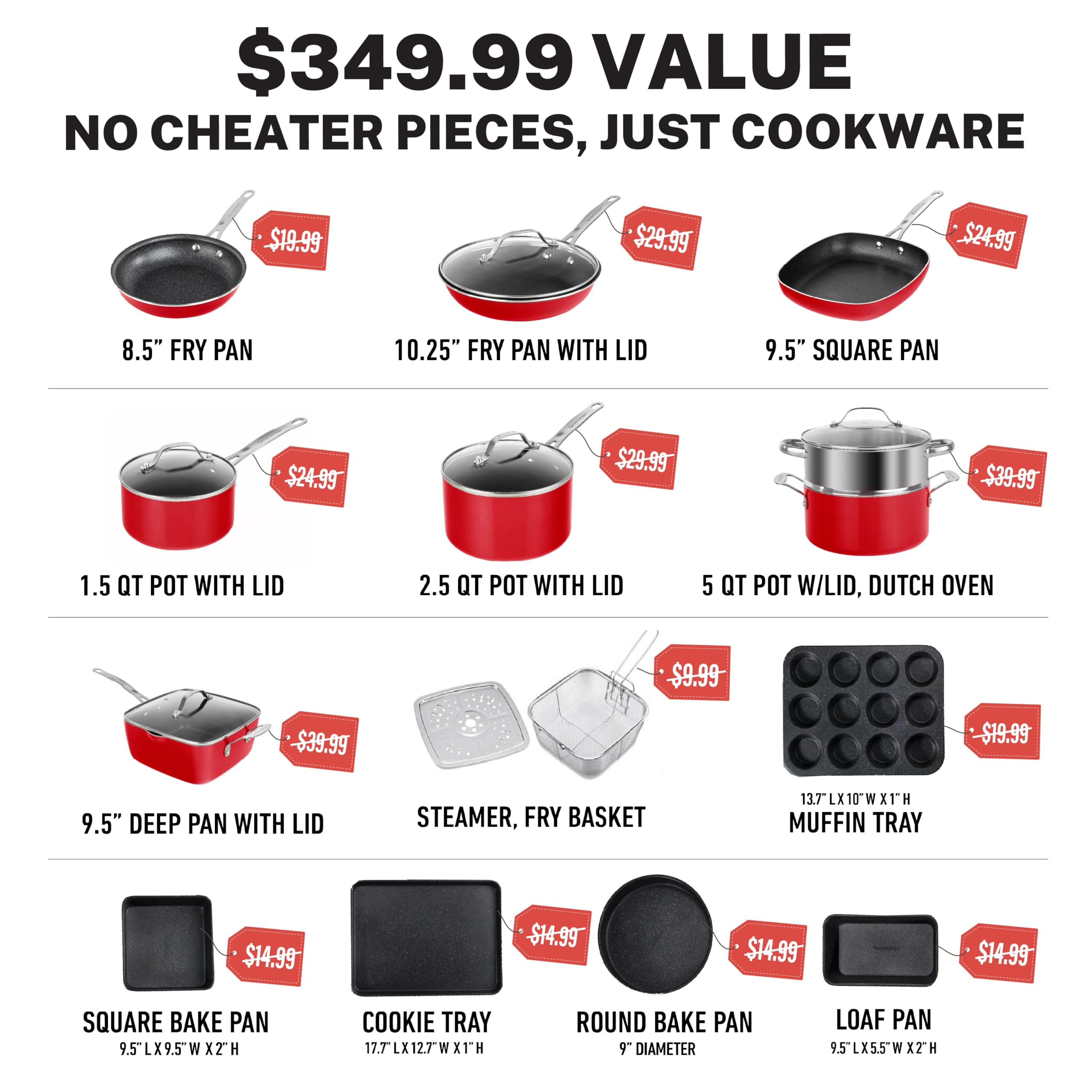 Granite Stone 20-Piece Nonstick Cookware & Bakeware Set - Red Pots and Pans with Mineral Diamond Coating | Ultra Durable, Oven & Dishwasher Safe | 100% Toxin-Free for Healthy Cooking | Perfect for Baking, Frying, and Everyday Meal Prep