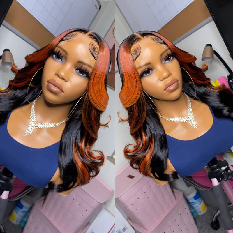 Eullair Ginger Orange Skunk Stripe Body Wave Human Hair Wig with Piano Color Highlights & Lace Frontal - Perfect for Cosplay, Costume Parties, and Daily Fashion Styling