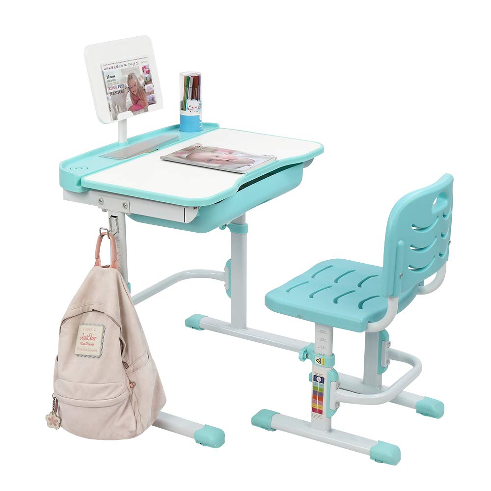 Kids Adjustable Study Desk and Chair Set - Ergonomic Height-Adjustable School Desk with Tiltable Desktop, Bookstand, Storage Drawer & Metal Hooks for Boys & Girls (Turquoise) - Perfect for Homeschooling, Online Learning & Bedroom Study Space
