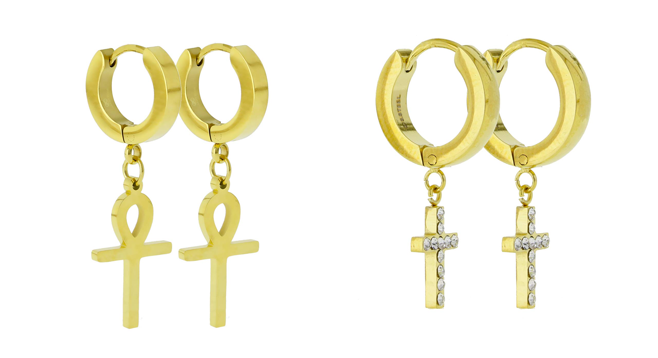 2 Pairs Unisex Stainless Steel CZ Christian Cross & Egyptian ANKH Hinged Drop Earrings - Silver, Gold, Black | Religious Jewelry for Men & Women | Perfect for Church, Gifts & Boho Fashion
