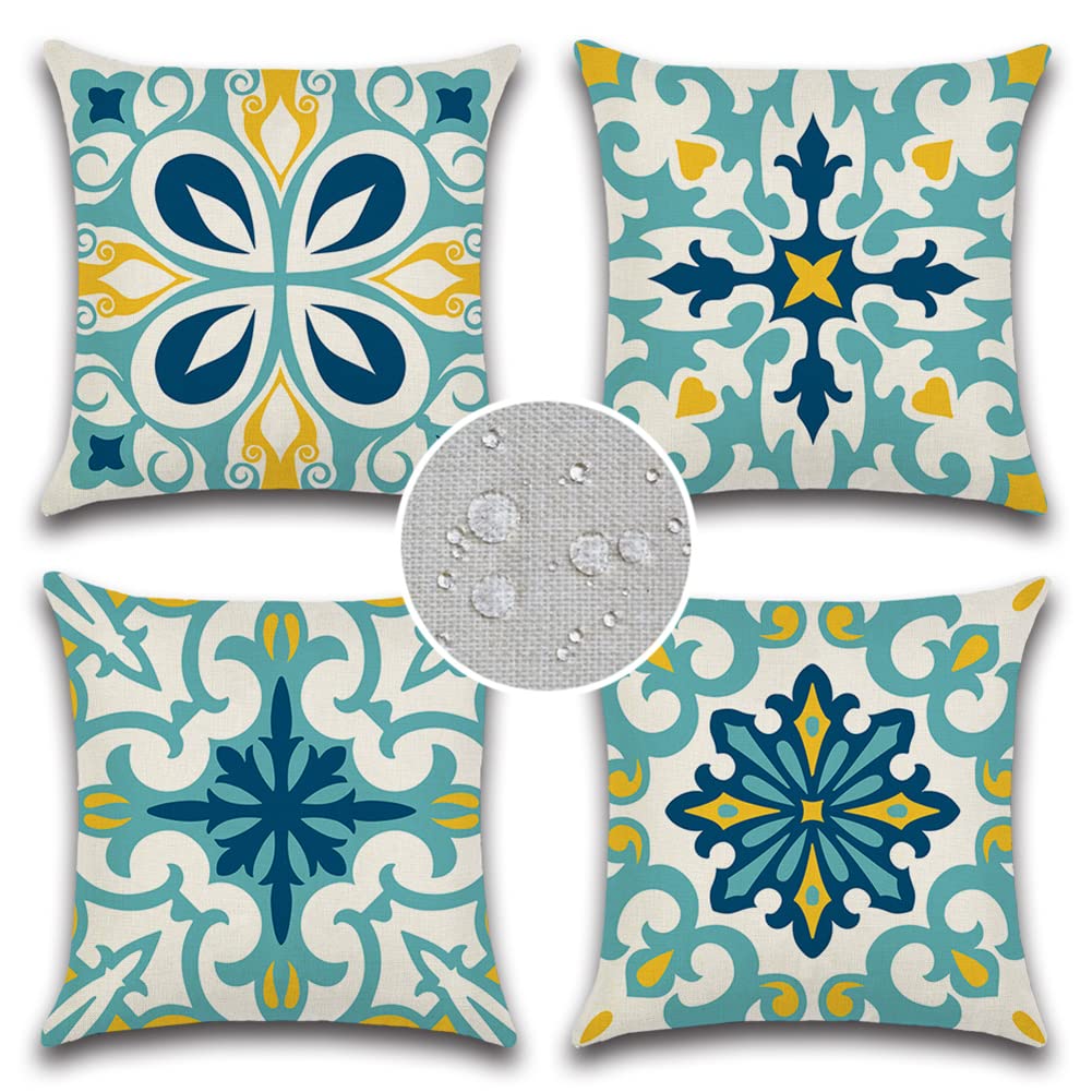 JOJOGOGO Waterproof Outdoor Throw Pillow Covers 18x18 Inch Set of 4 - Floral Boho Farmhouse Decorative Pillow Covers for Patio Furniture, Garden, Porch, Poolside & Backyard Decor