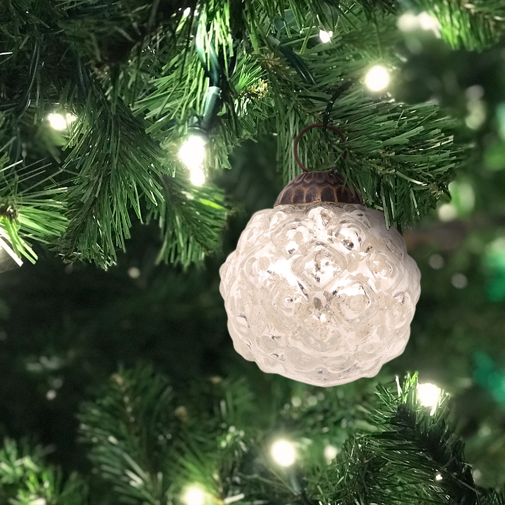 3 Pack Silver Bonnie Mercury Glass Hobnail Ball Ornaments - Elegant Christmas Tree Decorations for Holiday Home Decor, Party & Gift Giving