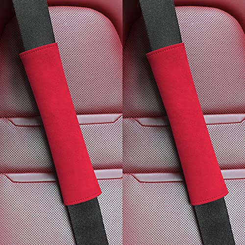 JEYODA 2Pcs Soft Suede Car Seat Belt Covers - Comfortable Shoulder Seatbelt Pads for Adults & Kids, Universal Fit for All Vehicles (Red) - Perfect for Long Drives, Road Trips & Daily Commute