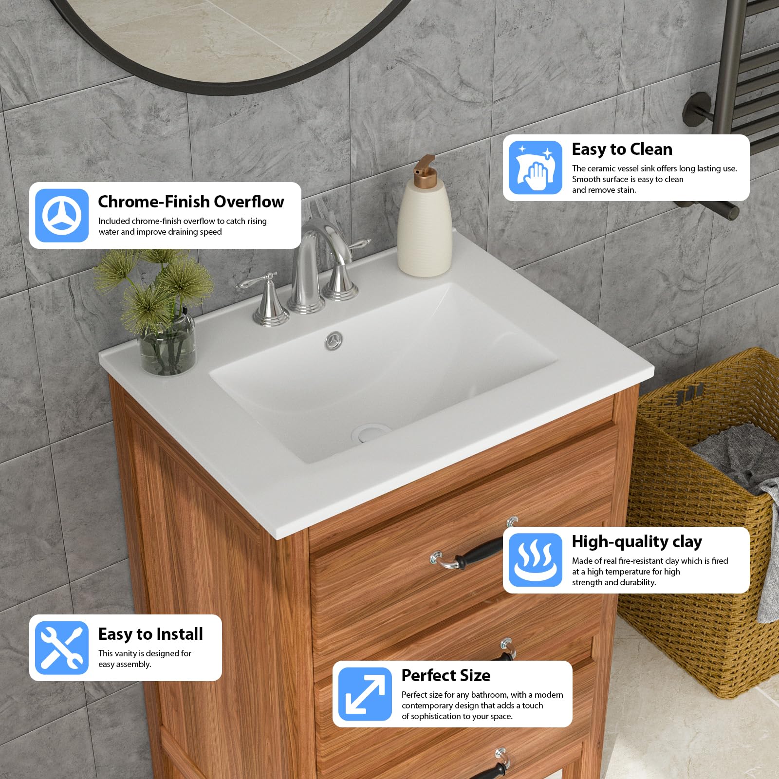 Lordear White Porcelain 3-Hole Drop-In Bathroom Sink - 24 x 18 Inch Ceramic Vanity Top Basin for Bathroom & Powder Room Remodeling