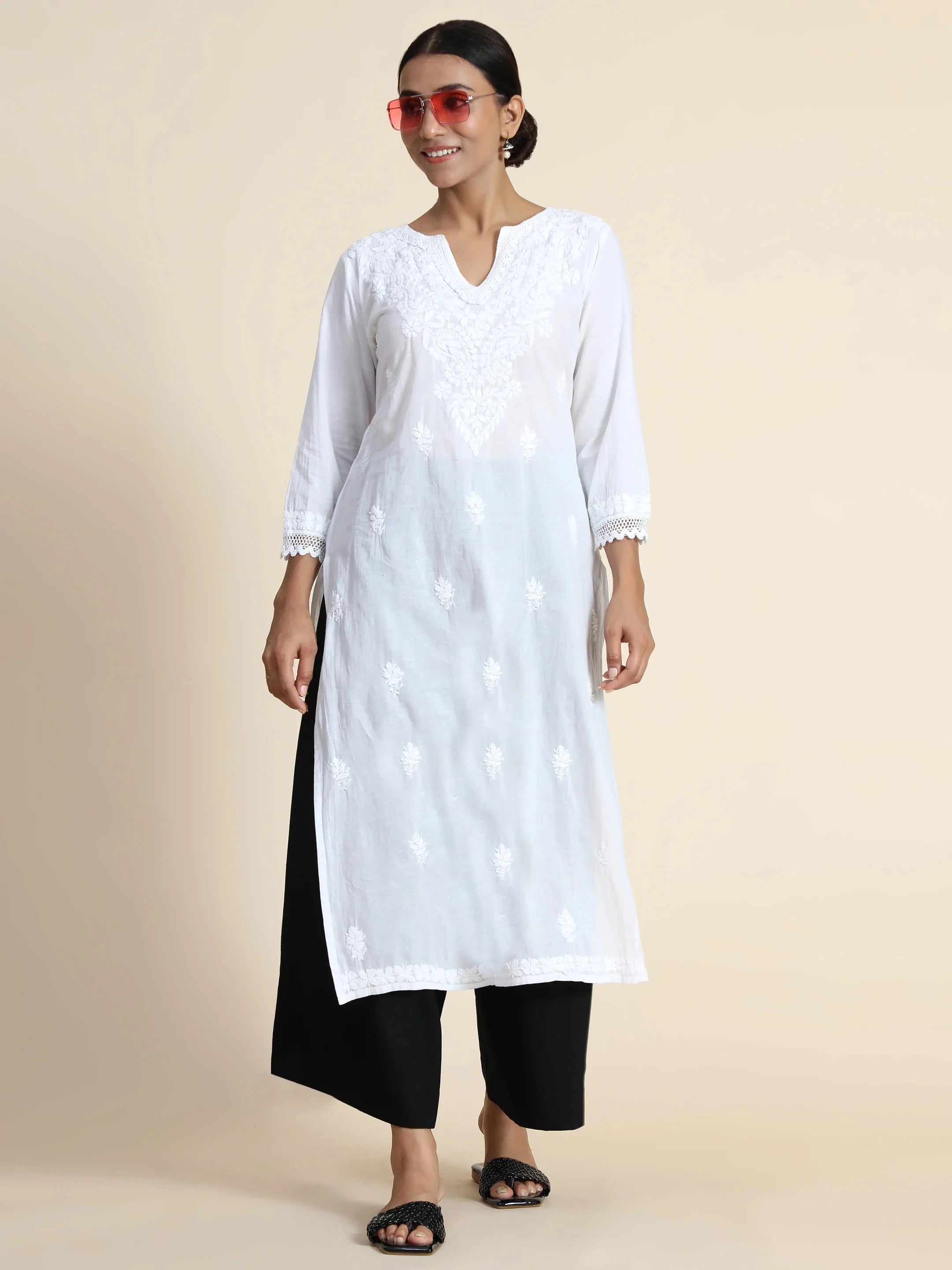 Sharmin HOK Chikankari Long Kurti for Women - White Traditional Indian Embroidered Tunic Top - Perfect for Festivals, Weddings & Ethnic Occasions
