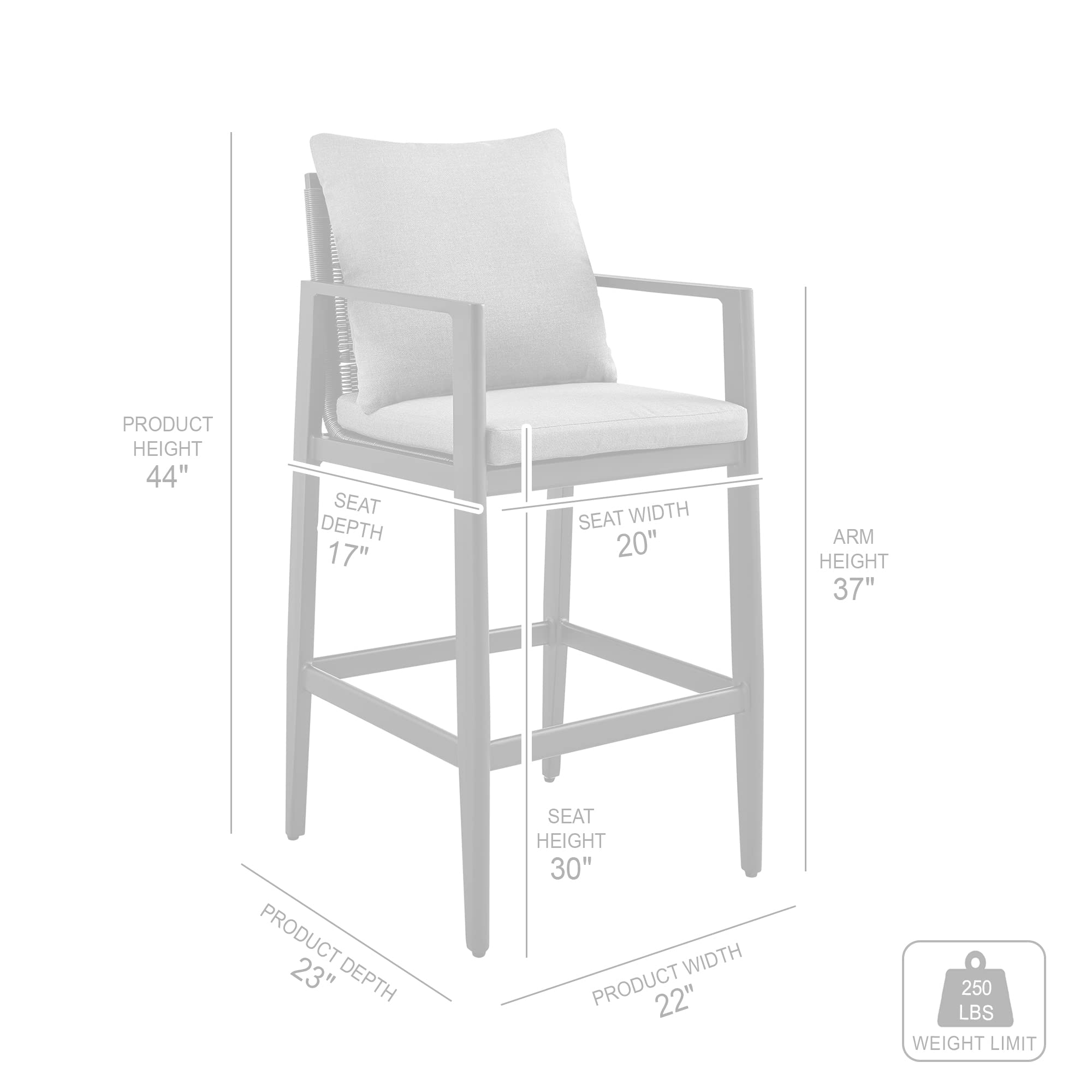Armen Living Cayman Outdoor Patio Bar Stool - Aluminum Frame with Comfortable Grey Cushions - Perfect for Poolside, Backyard, and Patio Dining