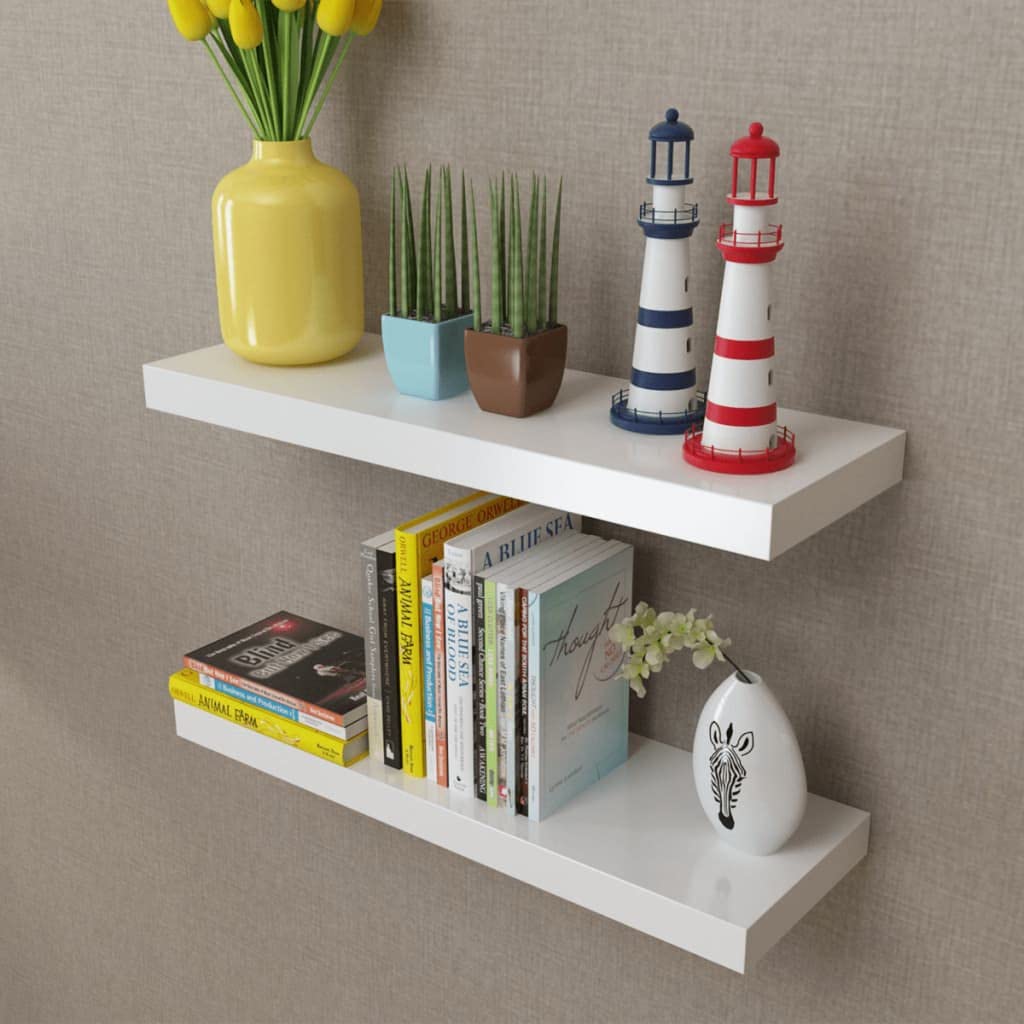 CHARMMA 2pc Floating Wall Shelf - MDF Storage for Books, DVDs - Living Room, Bedroom Decor