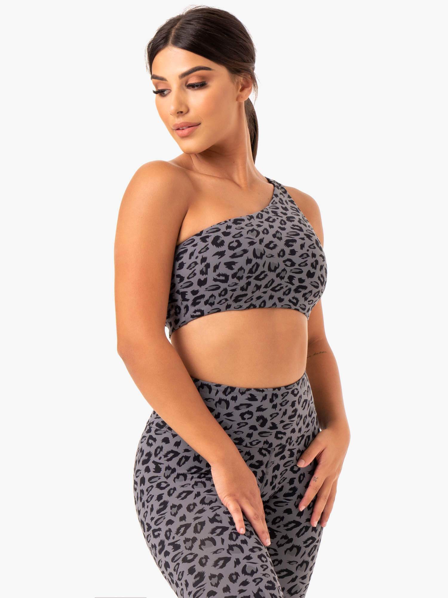 Adapt One Shoulder Sports Bra - Grey Leopard Print - Workout, Yoga & Running Support - Comfortable & Stylish Activewear for Women