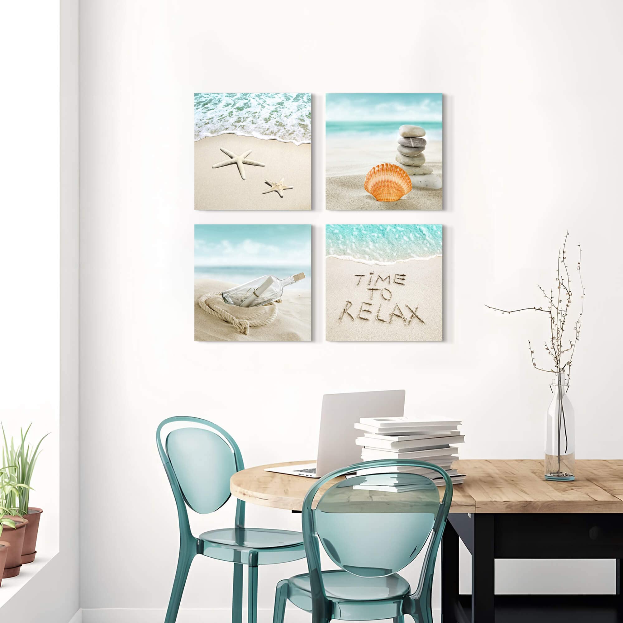 Coastal Beach Wall Art Set - 16''x16'' 4-Panel Canvas Prints of Seashells & Drift Bottles, Ocean Themed Bathroom Decor for Coastal & Nautical Home Styling | Perfect for Beach House, Bathroom, or Living Room Wall Decor