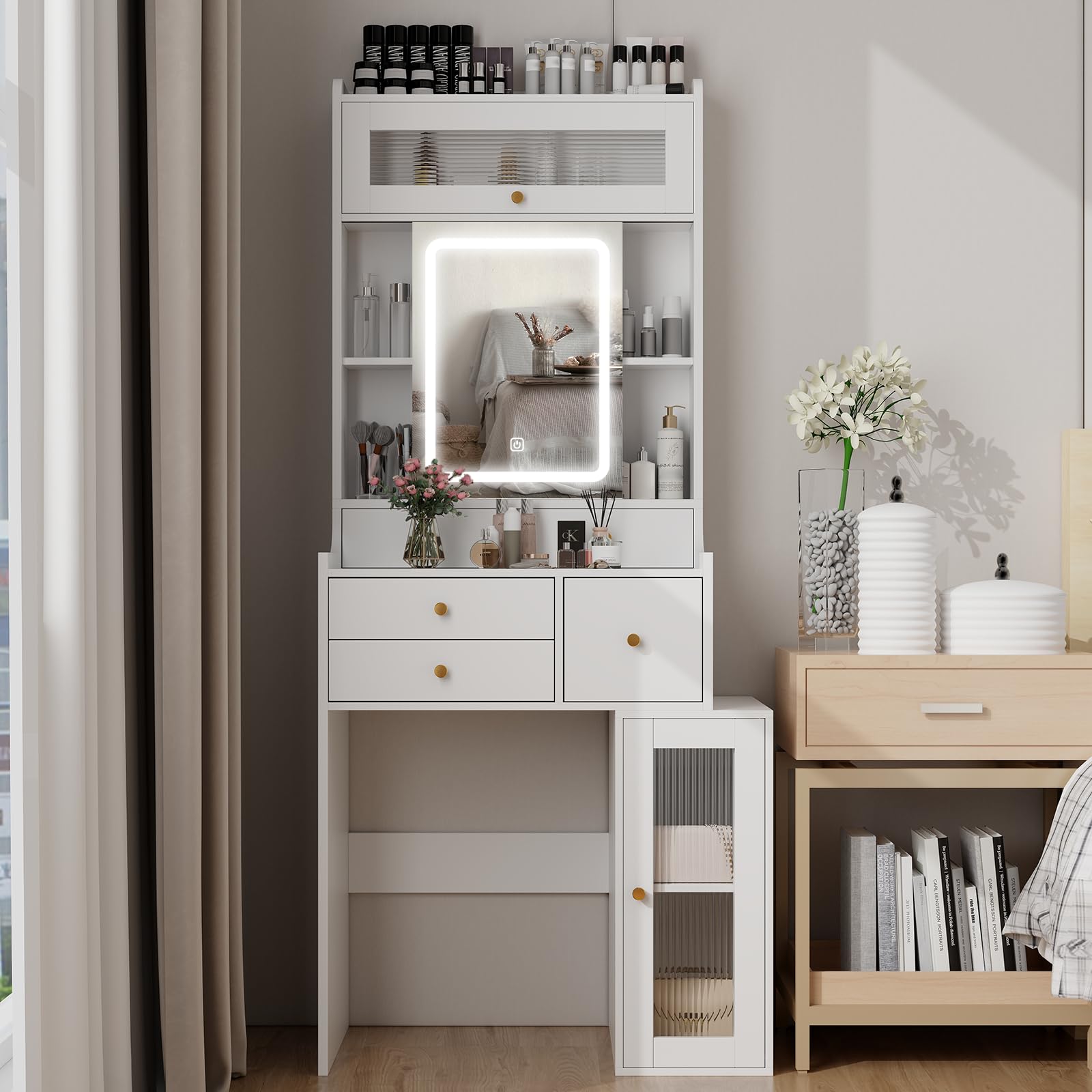 ARTETHYS Small Vanity Desk with Sliding Mirror & LED Lights - White Makeup Dressing Table with Drawers, Cabinet & Adjustable Shelves - Compact Bedroom Vanity Set for Women, Girls | Perfect for Small Spaces & Home Decor