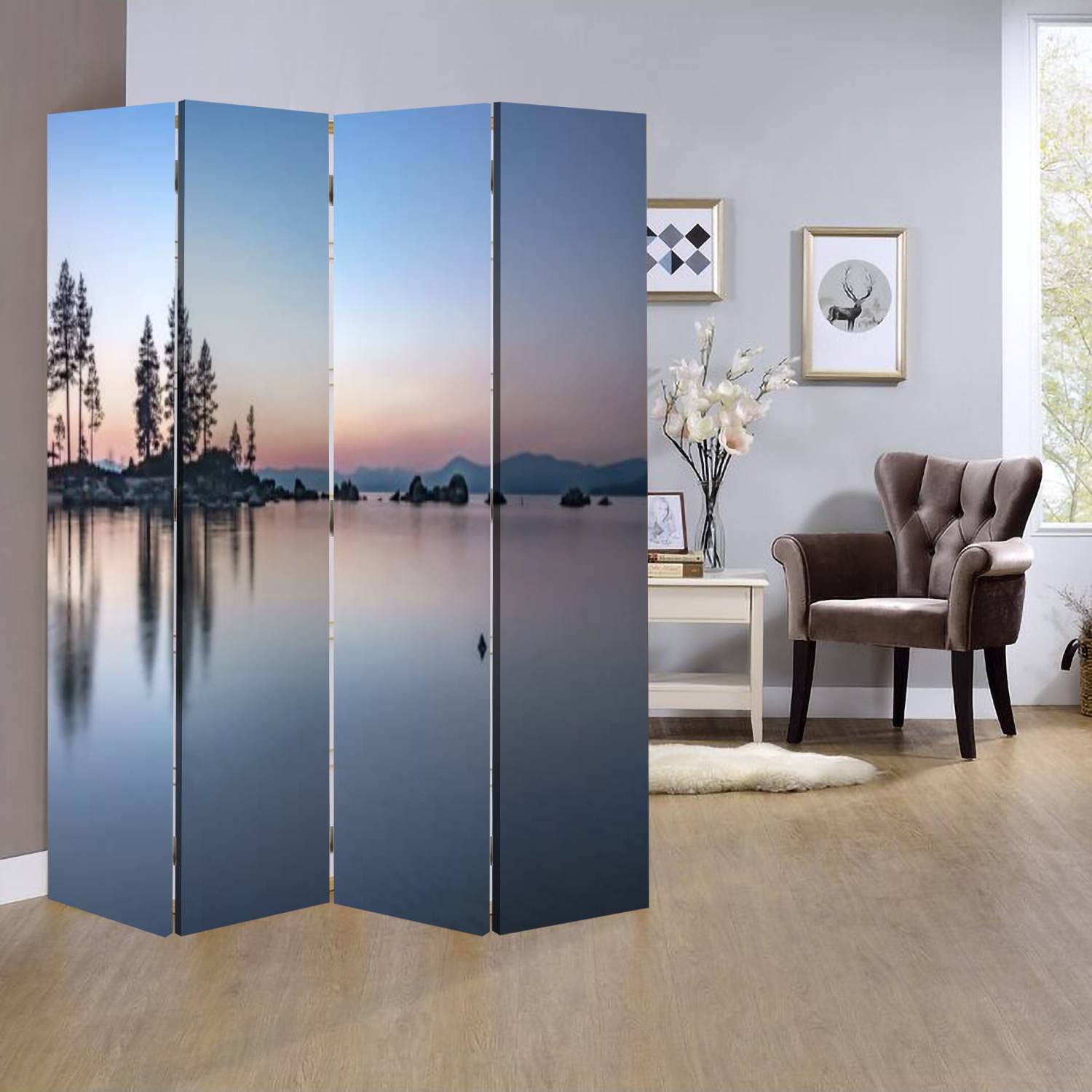 Wooden Room Divider with Sierra Lake Tahoe Scenery - 4-Panel Folding Privacy Screen, Dual-Sided Canvas Partition for Home & Office - Perfect for Bedroom Separation, Living Room Decor, and Indoor Space Division