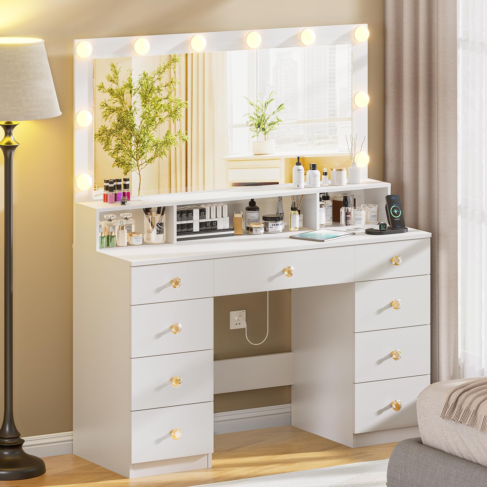Vanity Desk with Large Mirror & LED Lights - 9-Drawer Makeup Dressing Table with Super Storage, Power Outlet & Crystal Handles - 3 Lighting Modes for Women & Girls (White) | Perfect for Bedroom, Dorm Room & Beauty Salon Makeup Station