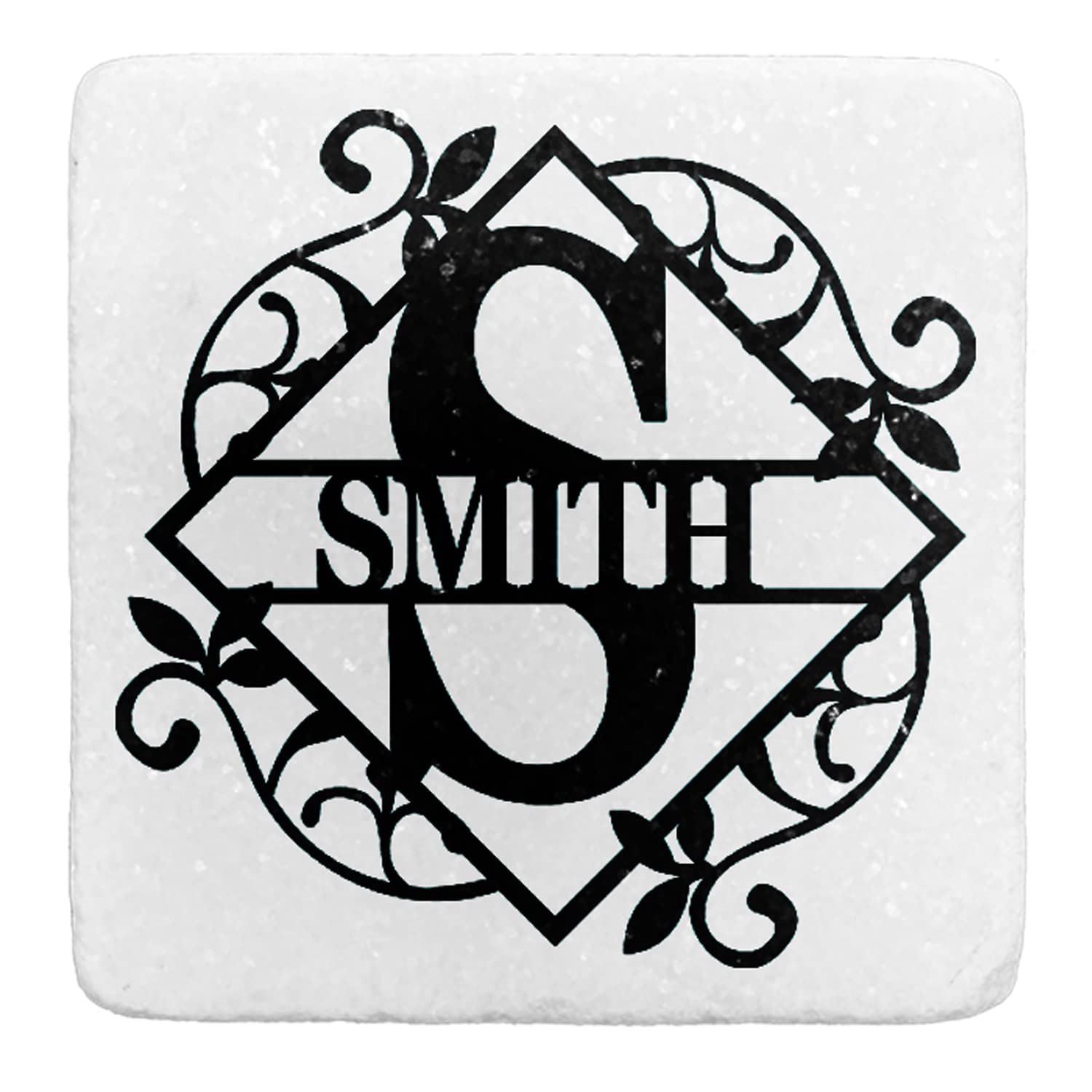Custom Engraved Stone Coasters with Initials & Last Name - Personalized Wedding & Housewarming Gifts - Set of 6 White Drink Coasters for Home Bar, Office Desk & Party Decor