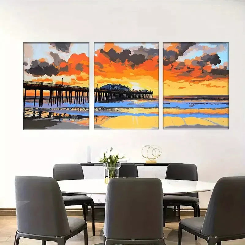 3-Piece Abstract Coastal Sunset Pier Seascape Canvas Wall Art Set - 50x70cm Framed Ready-to-Hang High Quality Print | 100% Australian Made | Perfect for Living Room, Bedroom & Beach House Decor
