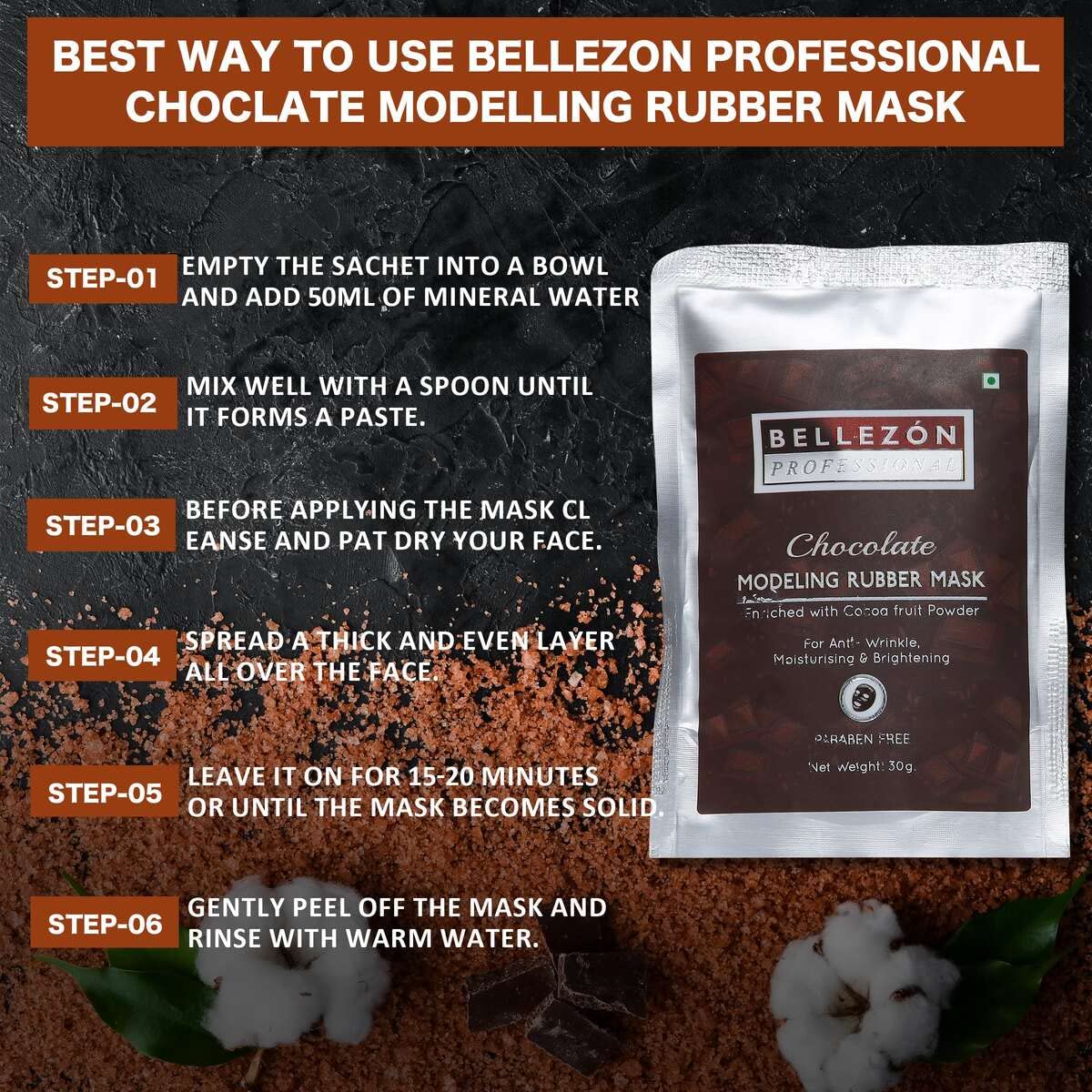 Bellezon Professional Chocolate Modeling Rubber Mask Pack of 2 | Anti-Wrinkle & Moisturizing Face Mask with Cocoa Fruit Powder | Paraben-Free, Brightens Skin for All Skin Types | Perfect for Spa Night & Self-Care Routine