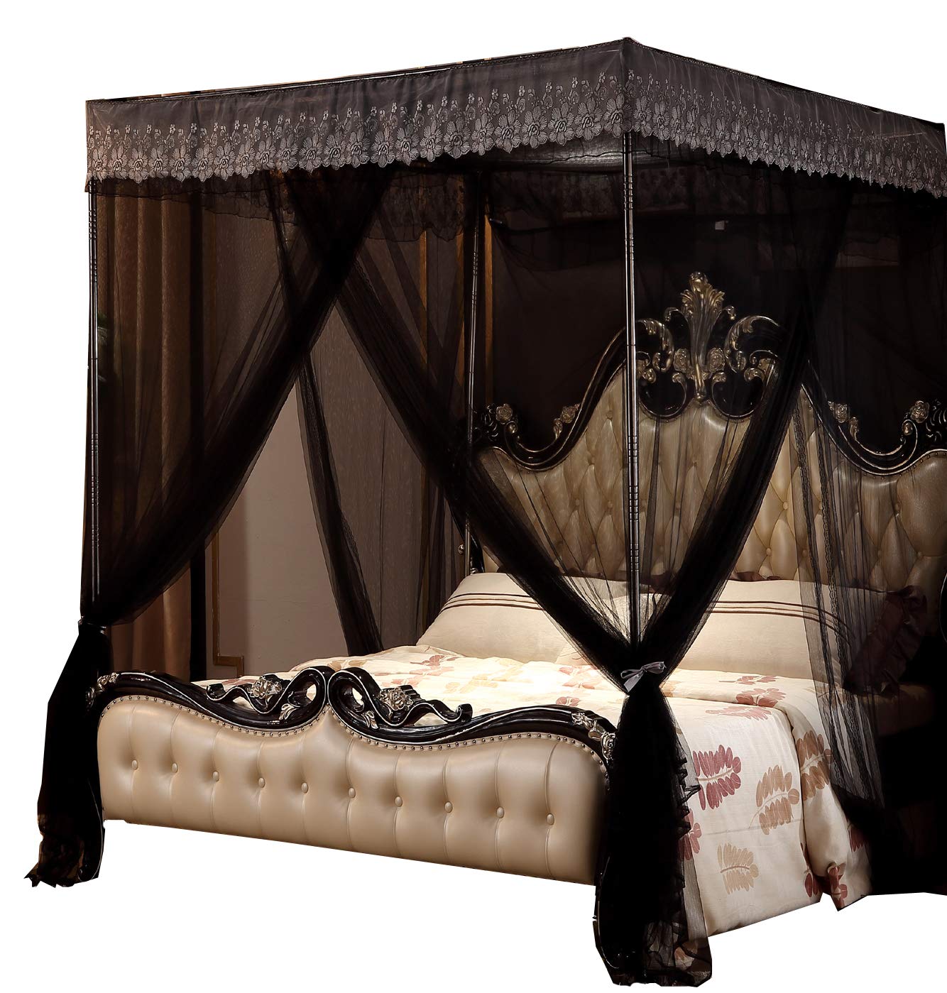 Nattey 4 Corner Post Canopy Bed Curtain for Girls & Adults - Breathable Black Bed Canopy with 4 Openings - Elegant Bedroom Decor for Master Bedroom, Guest Room & Dorm