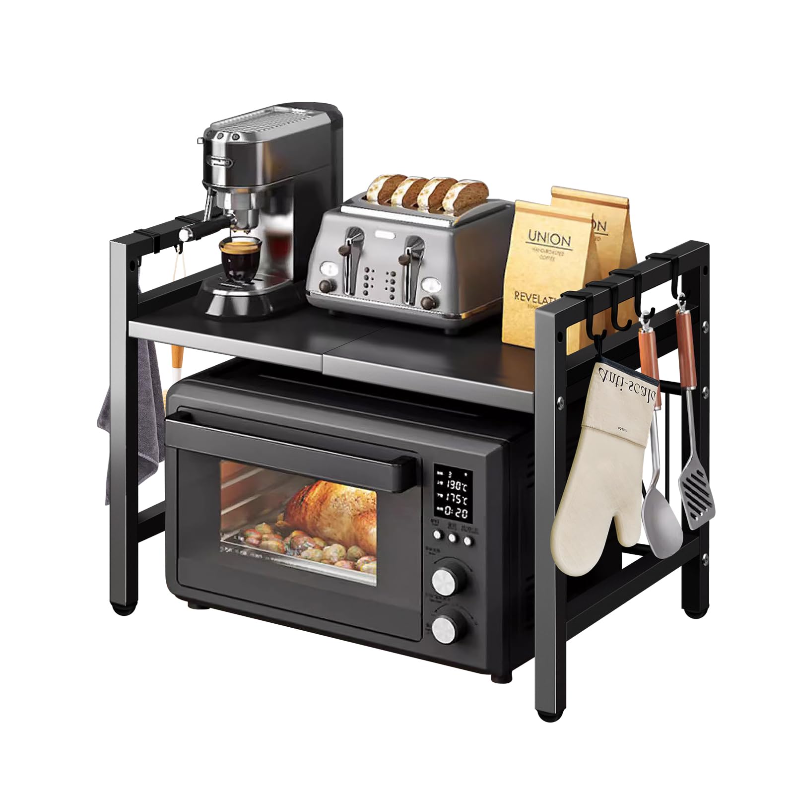 Adjustable Microwave Oven Rack with Hooks - 100lb Capacity Countertop Shelf for Kitchen Storage | Perfect for Small Spaces & Microwave Organization