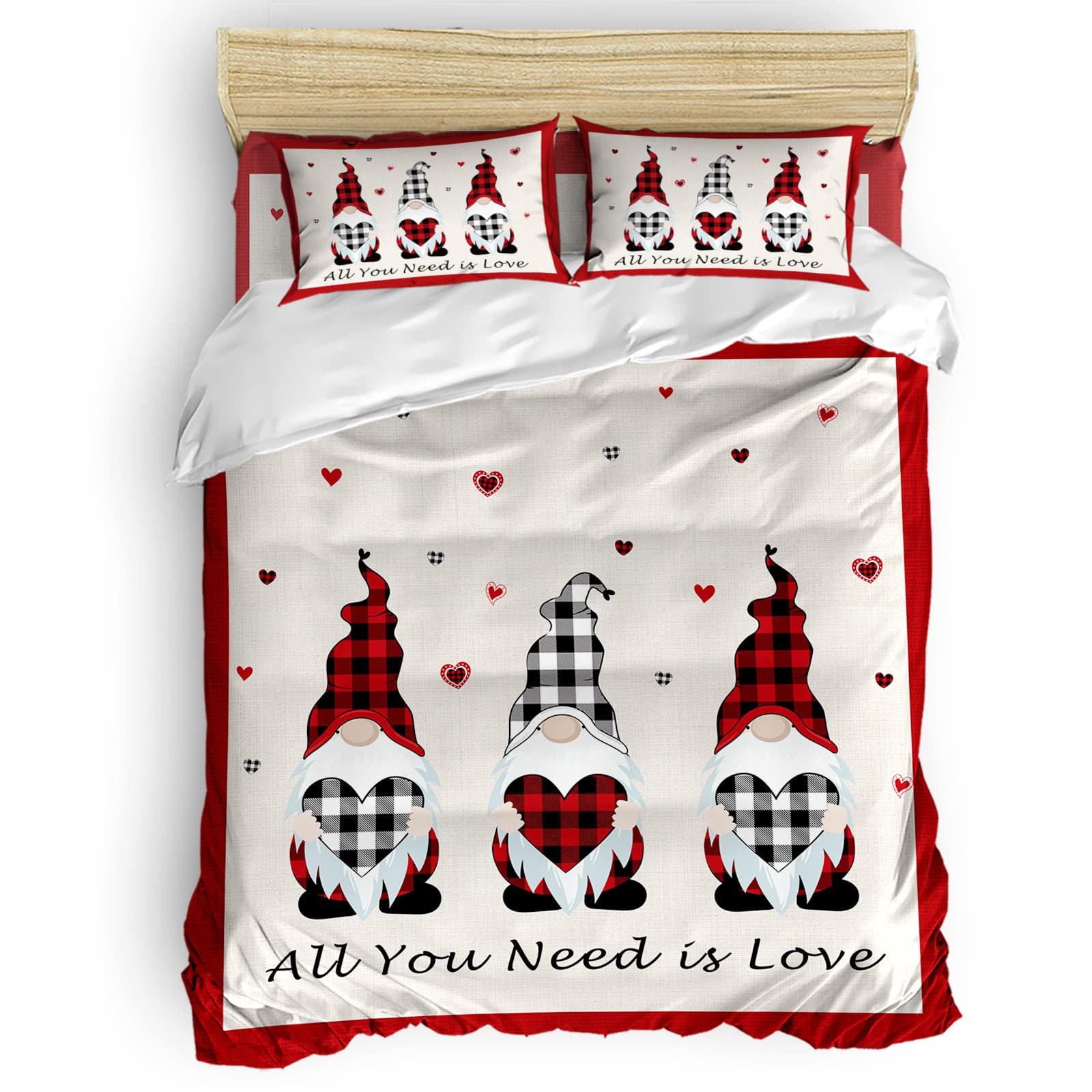 Seven Roses 4-Piece Gnome Bedding Set - Full Size Quilt Cover, Soft Bed Sheets & Pillowcases, Checkered Burlap Texture - Perfect for Valentine's Day, Cozy Bedroom Decor & Gift Ideas