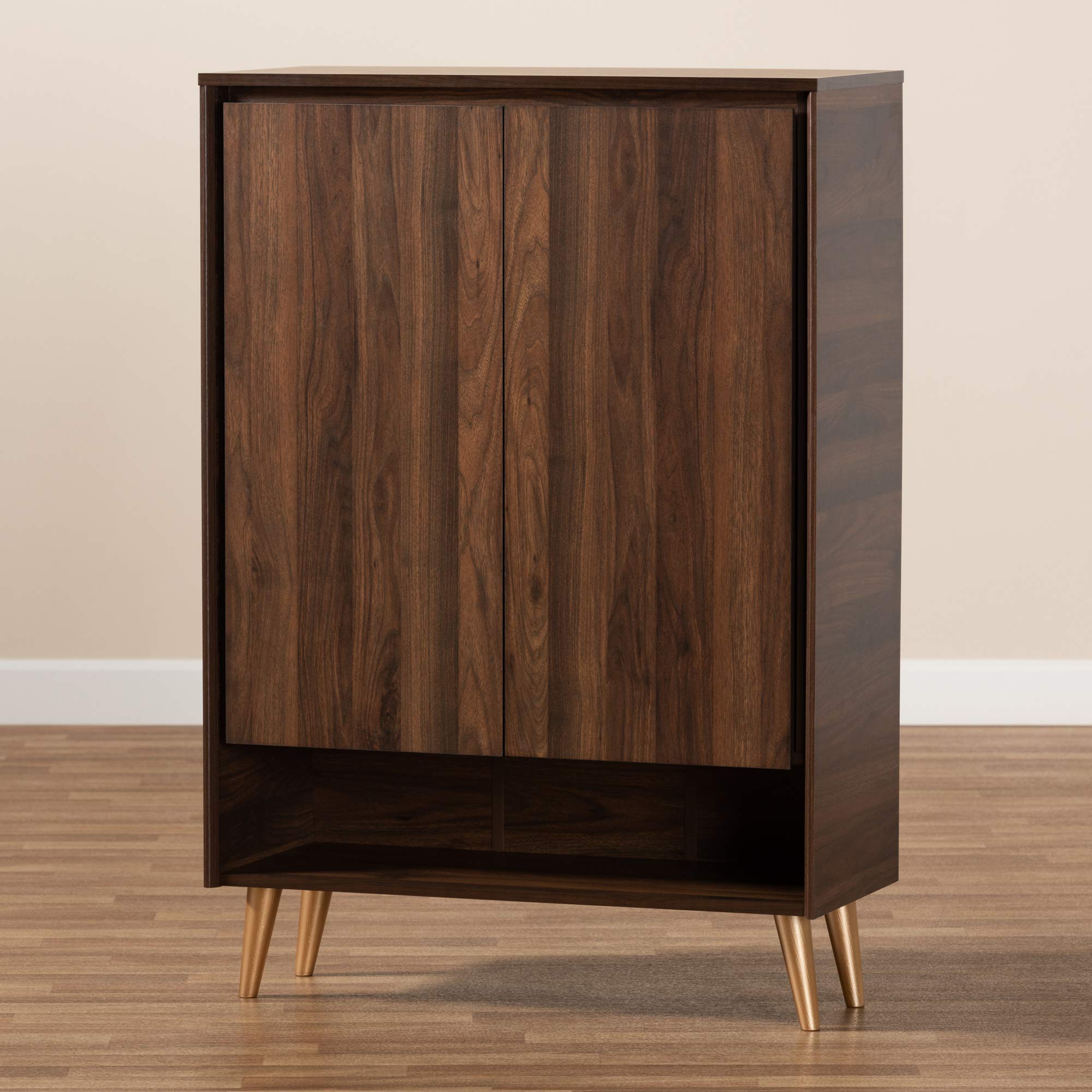 Baxton Studio Landen Mid-Century Modern Shoe Storage Cabinet - 2-Door Entryway Organizer in Walnut Brown & Gold Finish | Perfect for Small Spaces, Hallways & Closets