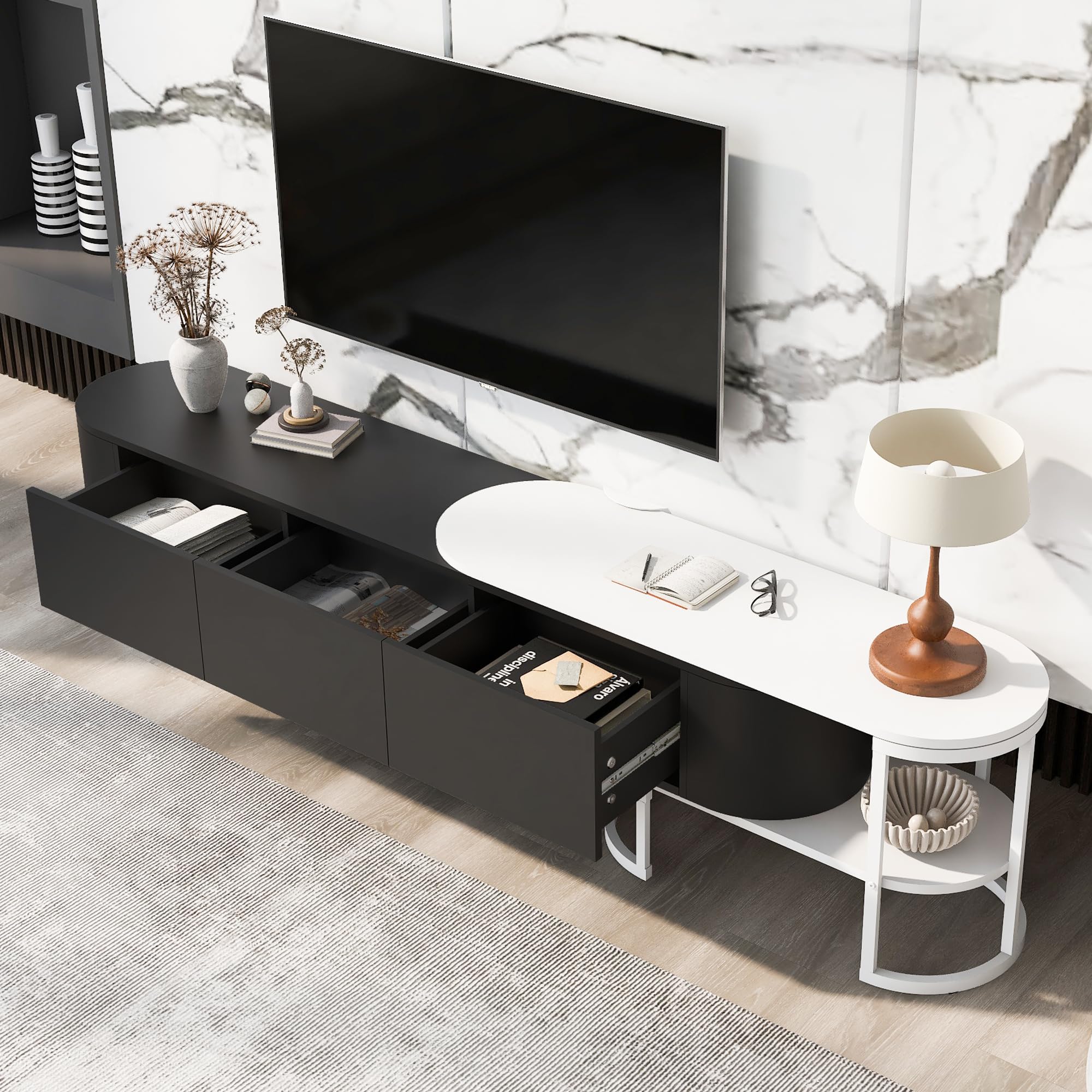 Modern Extendable TV Stand for 55-75 Inch TVs - Black Entertainment Center with 3 Storage Drawers & Adjustable Metal Legs (67.7-76.4