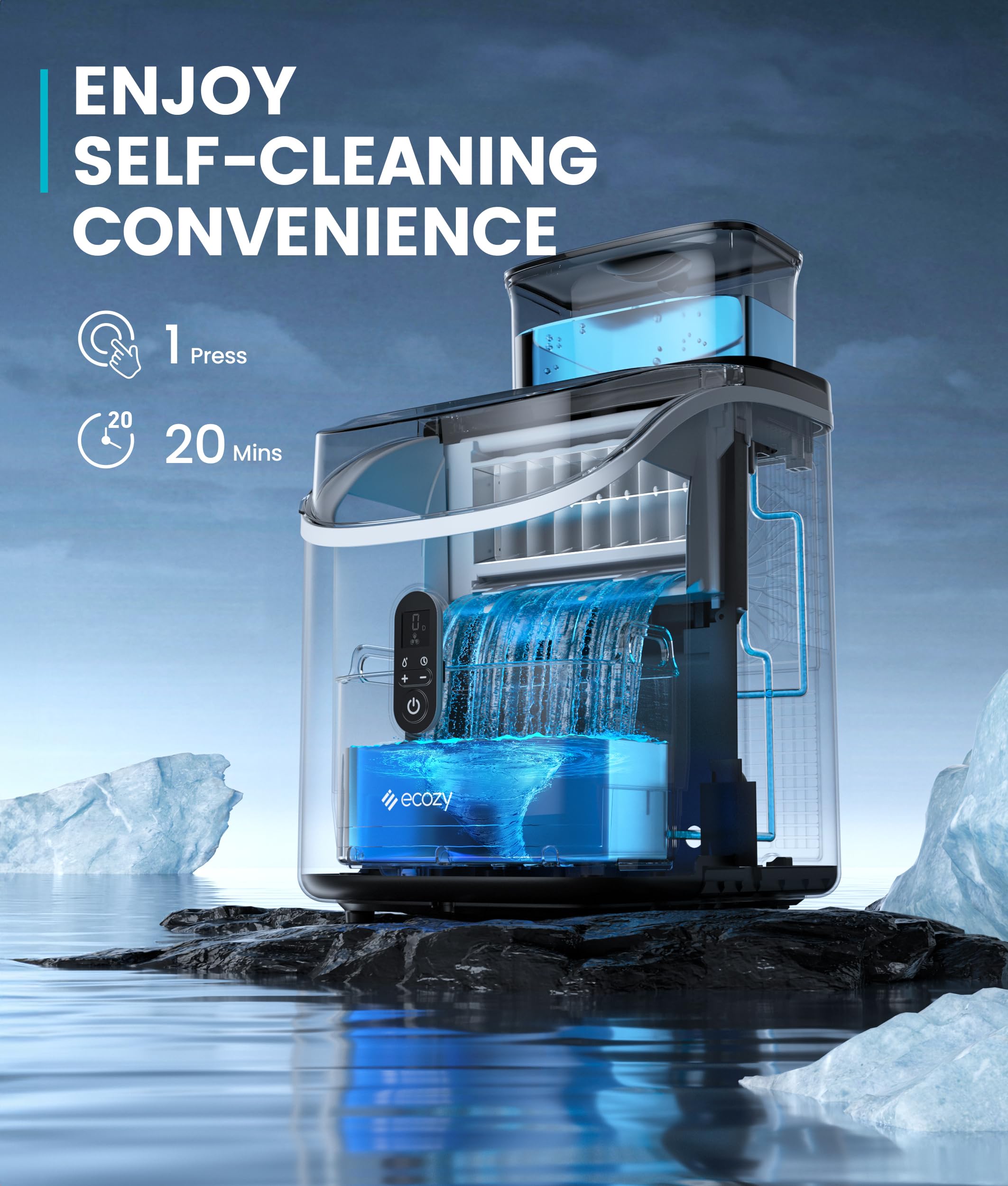 Ecozy Countertop Ice Maker Machine - 33lbs Daily Output, Self-Cleaning Portable Ice Cube Maker with 1.5L External Water Tank for Home, Office, Party & Bar - Perfect for Cocktails, Beverages & Outdoor Gatherings