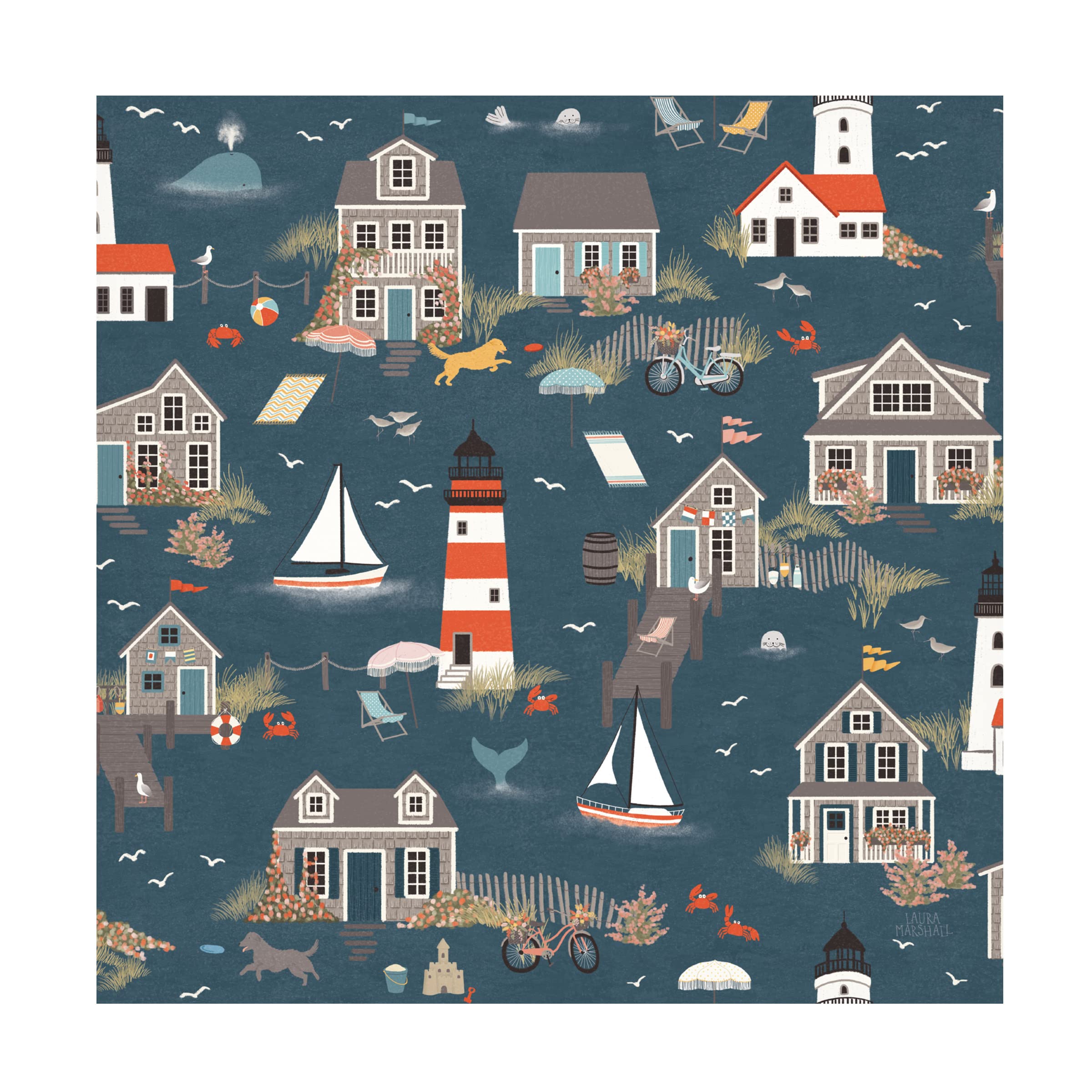 Laura Marshall 'Seaside Village Pattern I' Canvas Wall Art - Coastal Home Decor for Living Room, Bedroom & Office - Handmade Landscape Painting Print