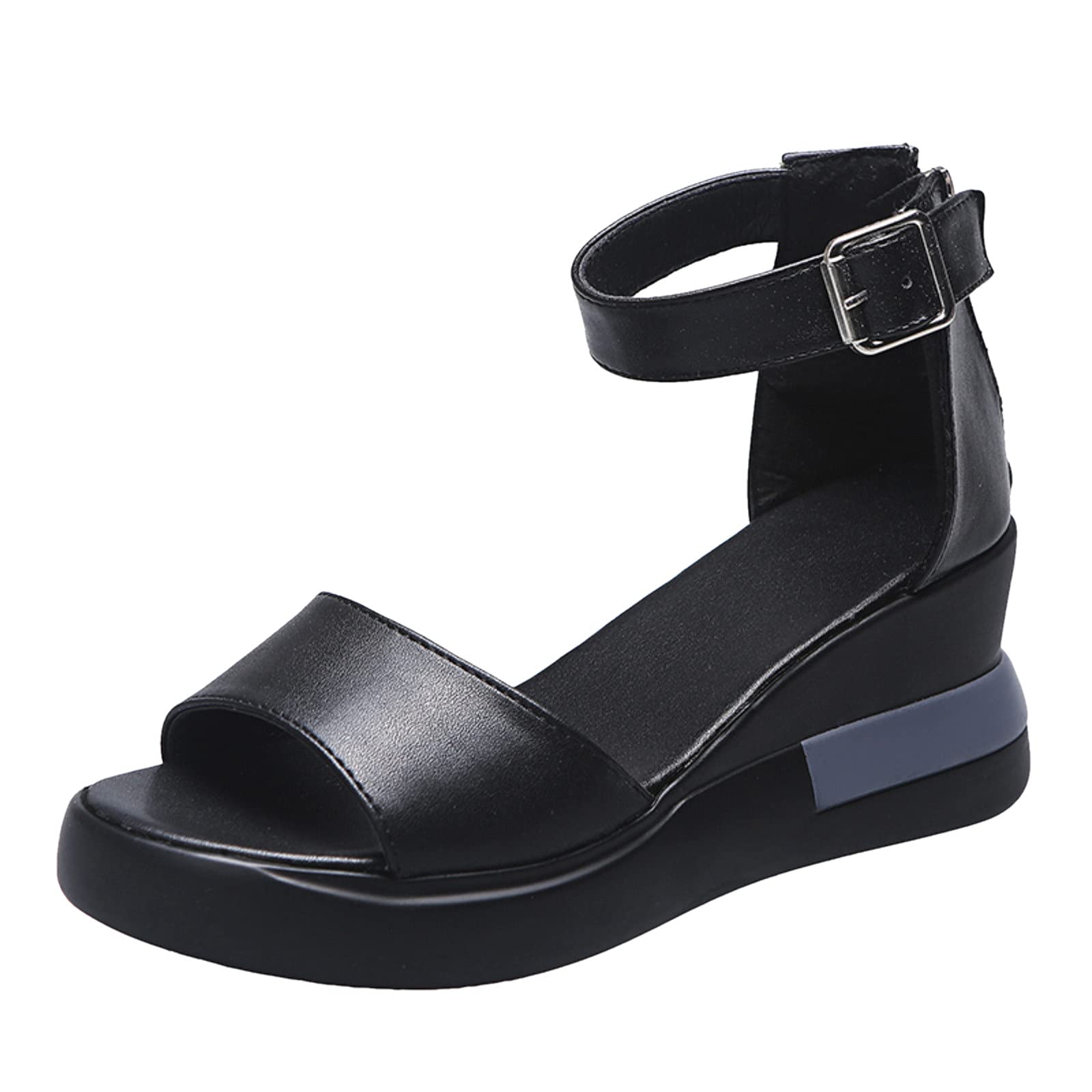 Women's Black Wedge Sandals with Peep Toe & Flatform Bottom - Stylish Dark Wedges for Casual Outings, Beach Trips, and Summer Fashion