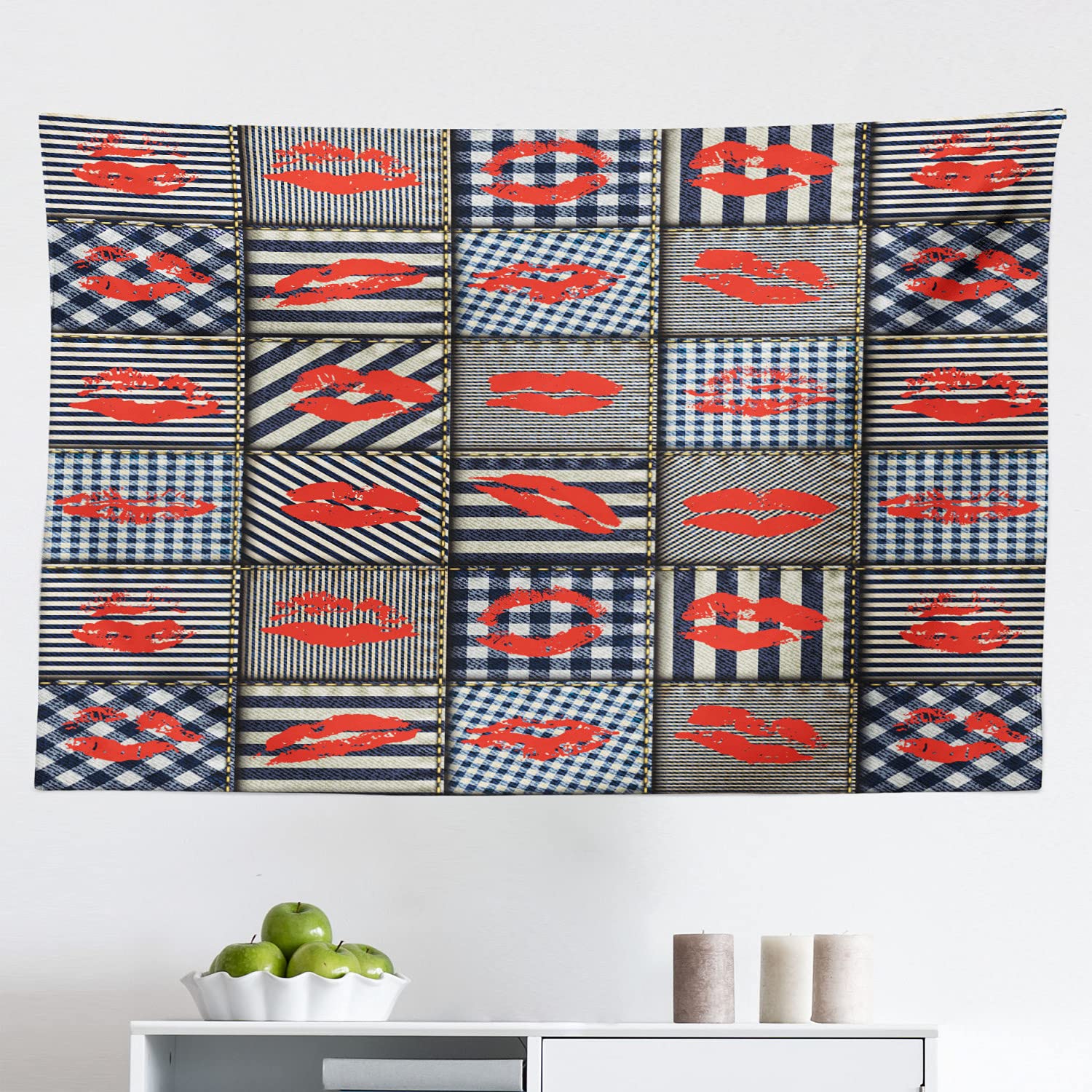 Ambesonne Colorful Tapestry Wall Art - Black & Red Houndstooth Pattern with Lipstick Kiss Design, 45x30 Inch Fabric Wall Hanging for Bedroom, Living Room, Dorm Decor | Perfect for Bohemian Style, Photo Backdrops & Gift Ideas
