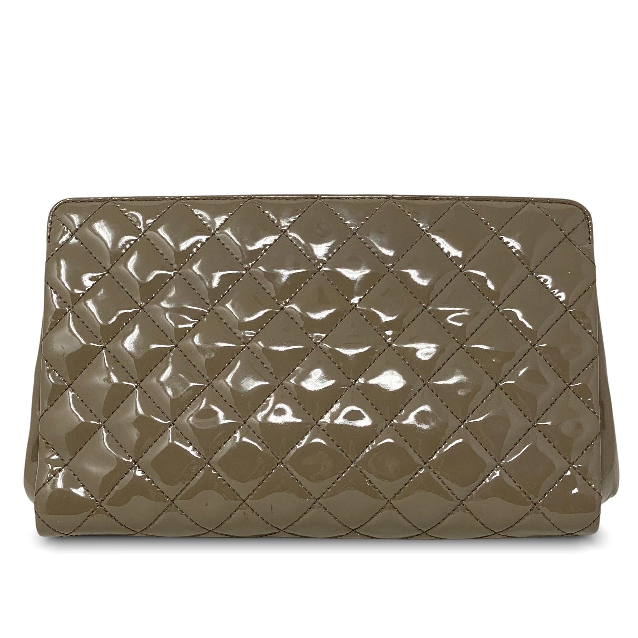 Chanel Taupe Patent Leather Timeless Large Clutch Bag - Elegant Evening Clutch for Women's Parties, Weddings & Special Events