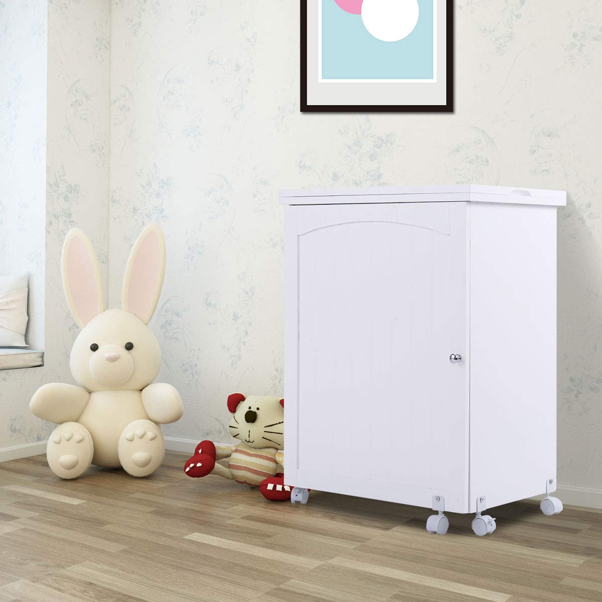 HOMGX Foldable Sewing Table with Storage Cabinet - Multifunctional Craft Table with Lockable Wheels & Shelves - Compact Space-Saving Design for Sewing, Quilting & DIY Projects (White, 16