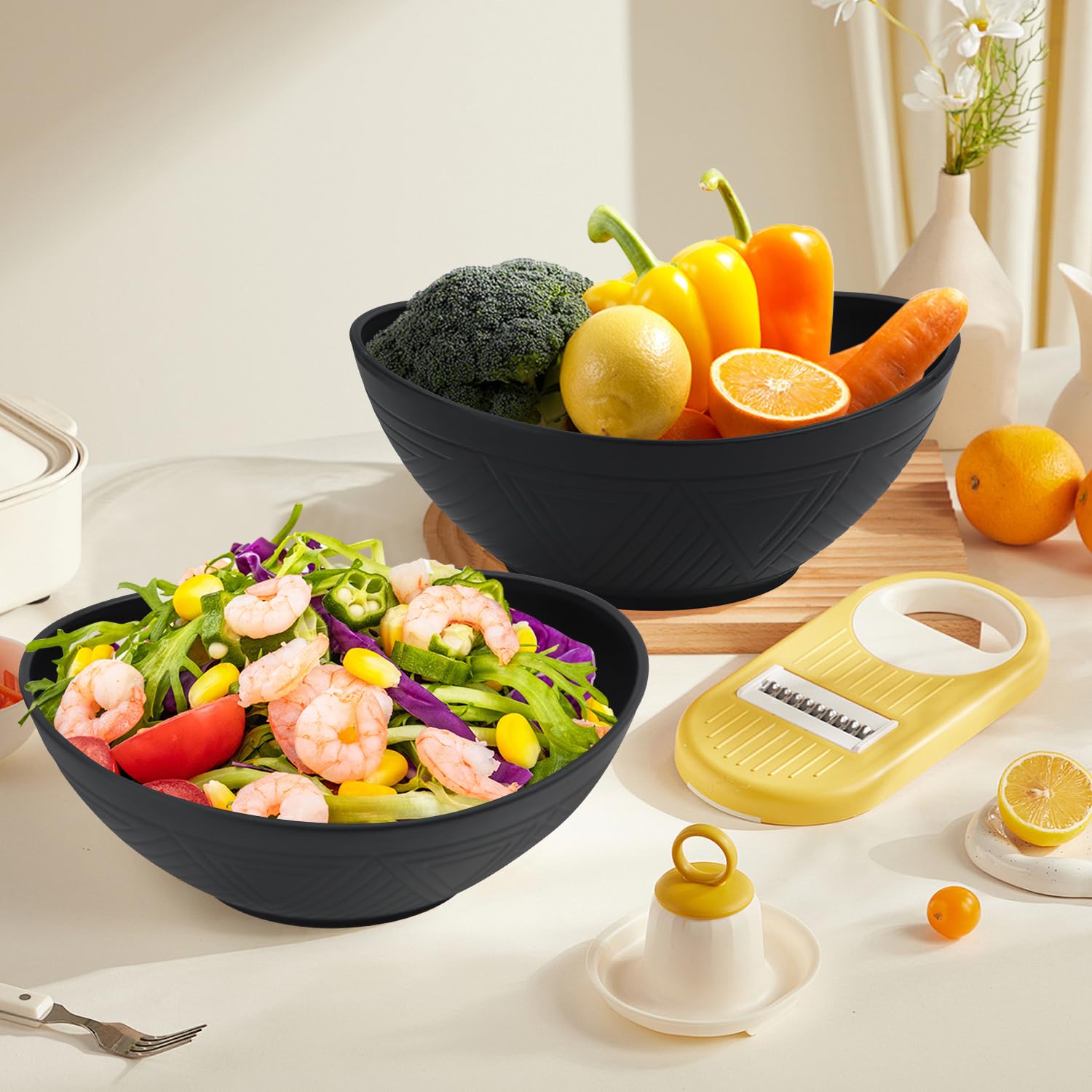 Eco-Friendly Wheat Straw Serving Bowls Set of 2 - 60oz Large Oval Bowls for Salad, Fruit, Snacks | Microwave & Dishwasher Safe | Perfect for Wedding, Dinner Parties & Kitchen Use | Black
