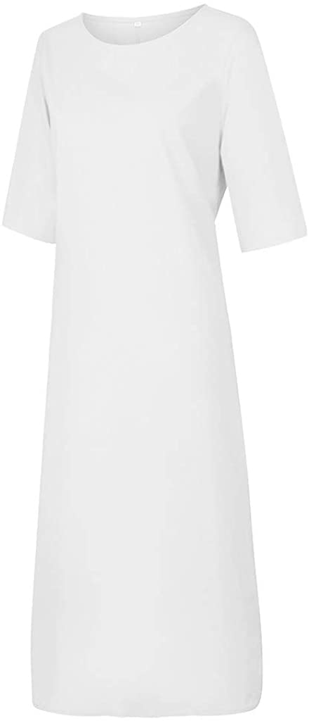Women's Cotton Linen Maxi Dress - Summer Plus Size Short Sleeve Crew Neck Loose Kaftan Dress with Pockets | Beach Cover Up, Casual Outfit & Vacation Wear
