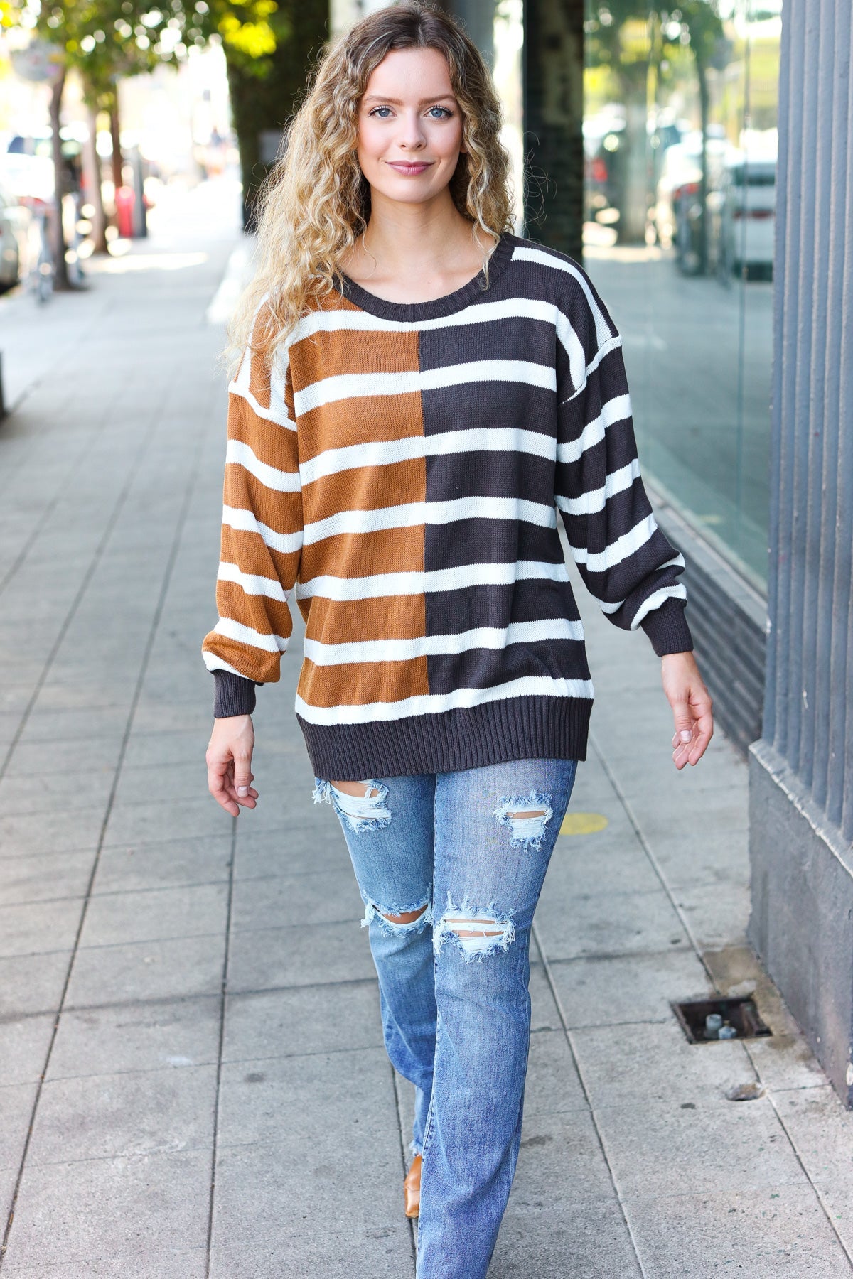 Camel & Charcoal Striped Color Block Sweater for Women | Cozy Knit Pullover | Fall Winter Fashion | Casual Office Wear & Weekend Outfits