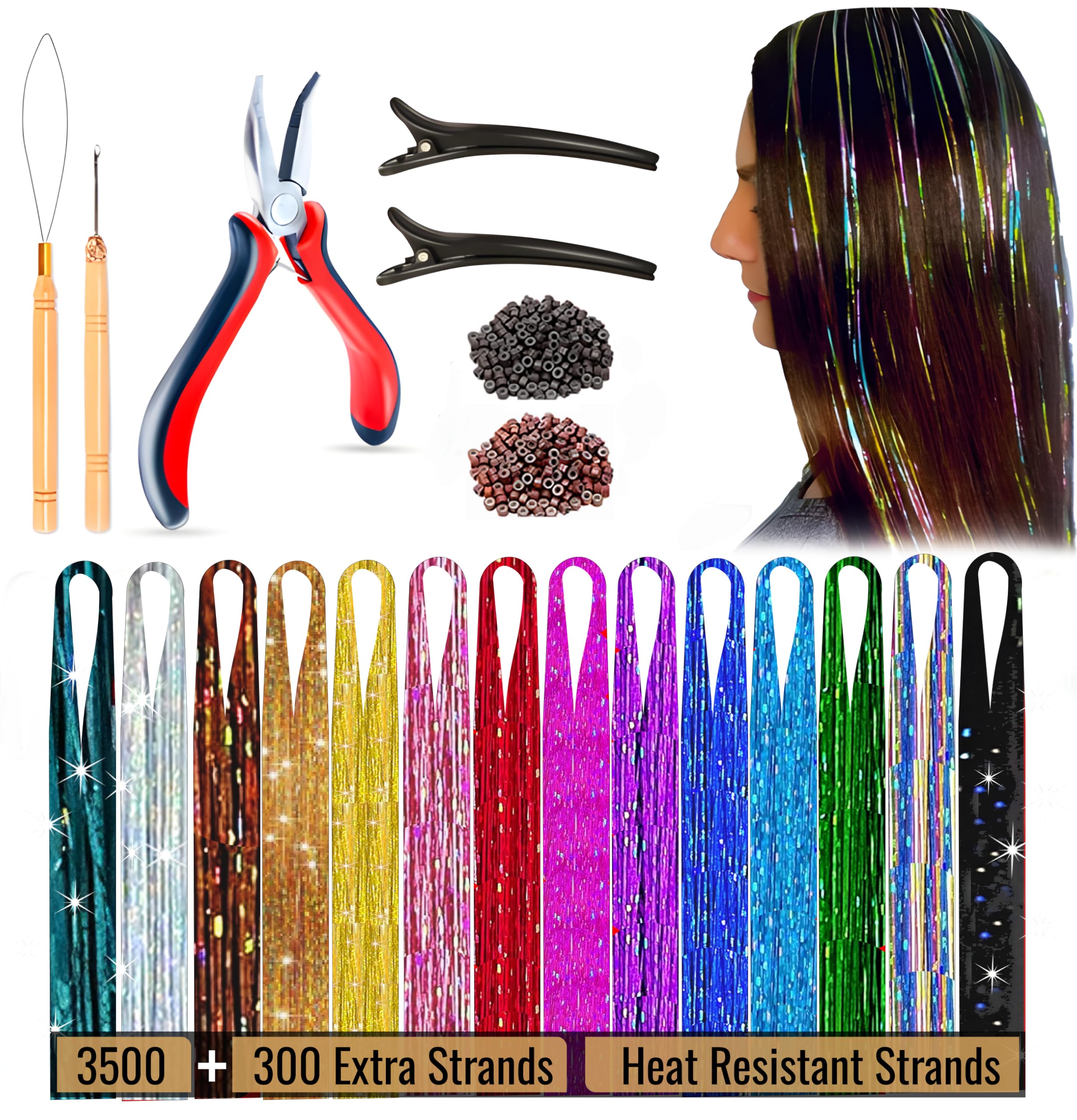 Andou 14 Colors 3500 Strands Heat Resistant Hair Tinsel Kit for Girls, Women & Kids - 48 Inch with Wooden Threader, Crochet Hook, Plier, Hair Clips & 200 Beads | Perfect for Parties, Festivals, Cosplay & Hair Styling