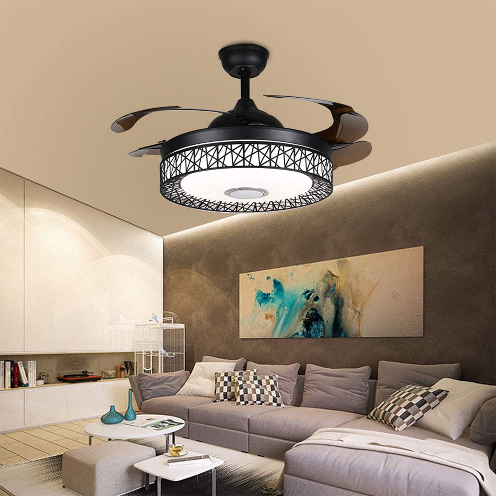 42 Inch Smart Ceiling Fan with LED Light, Bluetooth Speaker & Remote Control - Modern 3-Color Dimmable Chandelier Fan - Ultra Quiet for Bedroom, Living Room, Dining Room - Perfect for Home Cooling & Ambient Lighting (Black)