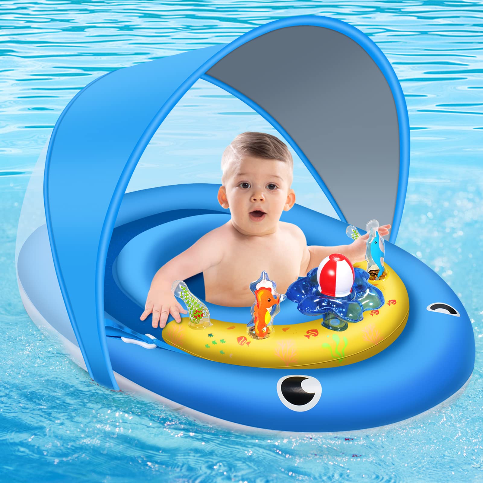 **UPF50+ Baby Pool Float with Canopy & Adjustable Safety Seat – Inflatable Infant Swimming Ring for 6-24 Months, Bath Floatie & Pool Toy with Play Console – Perfect for Backyard Pools, Beach Trips & Bathtime Fun**