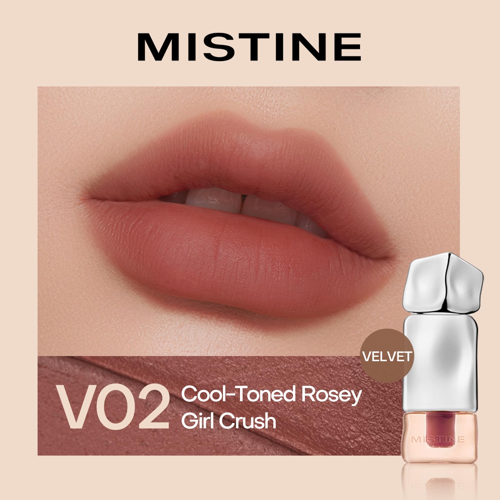 Mistine Velvet Matte Lip Gloss with Hyaluronic Acid - Softening Liquid Lipstick, Non-Sticky Lightweight Lip Tint in V02 Pink Crush (0.1 fl oz) | Long-Lasting Hydrating Lip Color for Everyday Wear, Date Night & Special Occasions
