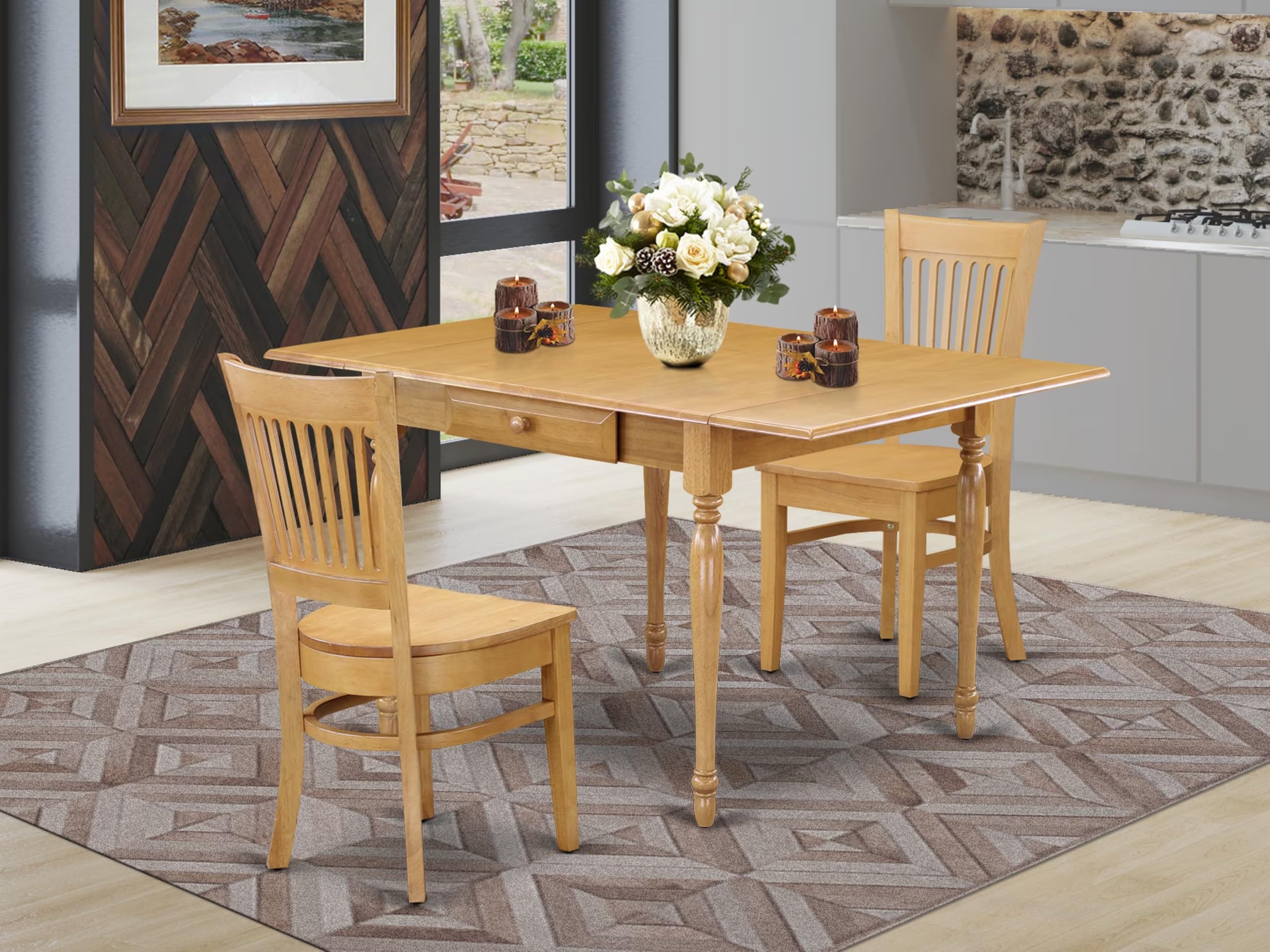 East West Furniture 3 Piece Oak Dining Table Set with Drop Leaf & 2 Chairs - 36x54 Inch Rectangle Kitchen Table - Perfect for Small Spaces, Breakfast Nooks & Cozy Family Meals